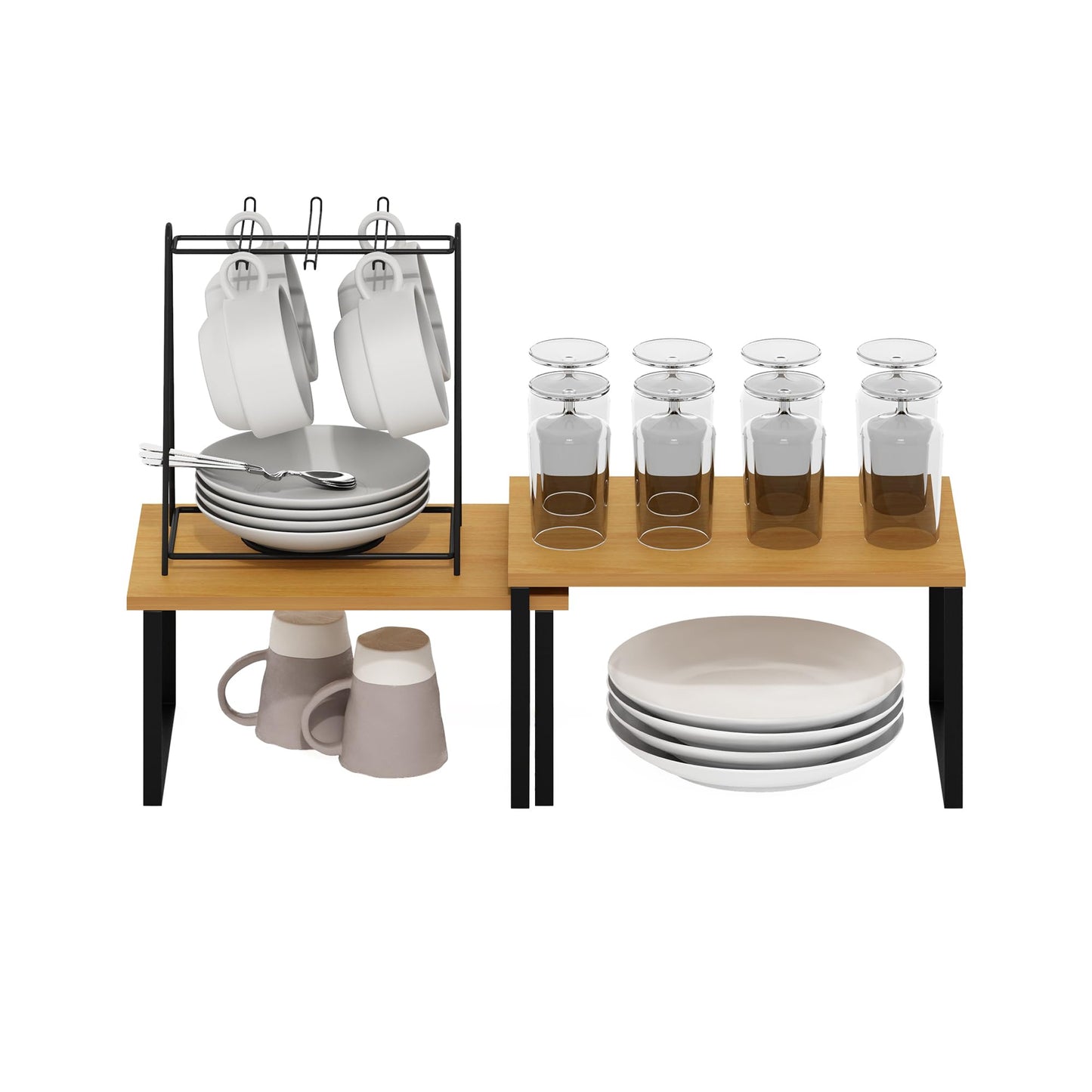 Furinno RAVEL Kitchen Countertop Organizer Set of 2, Nesting Counter Shelves, Kitchen Storage, Expandable, Stackable, Spice Rack, for Kitchen, Pantry, Coffee Bar, Beech