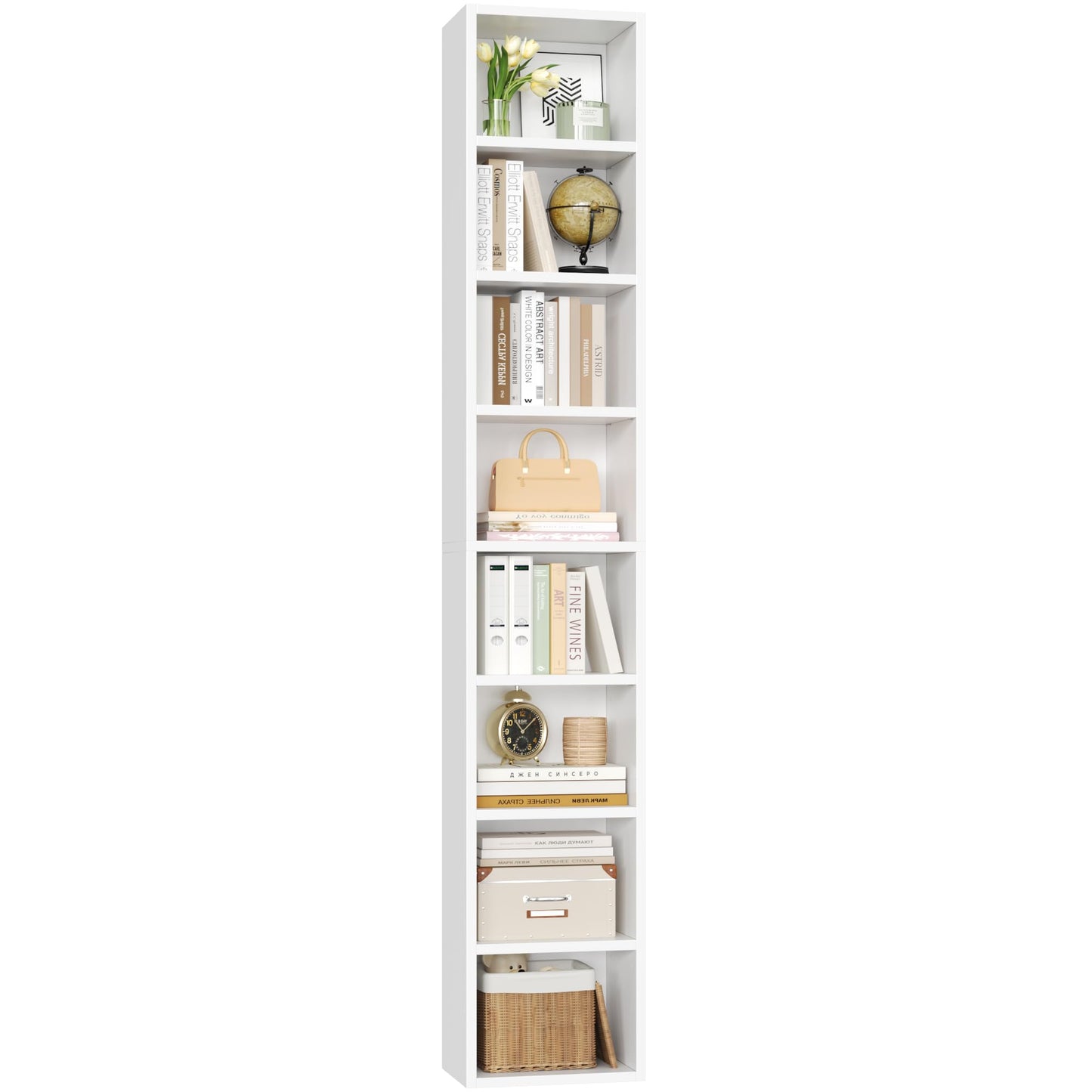 FOTOSOK White Bookshelf 8-Tier Narrow Bookshelf, 11.6 X 9.3 X 70.9 Tall CD DVD Media Tower Rack with 4 Adjustable Shelves, Tall Narrow Bookcase Slim Display Bookshelf with Cube Storage for Home Office