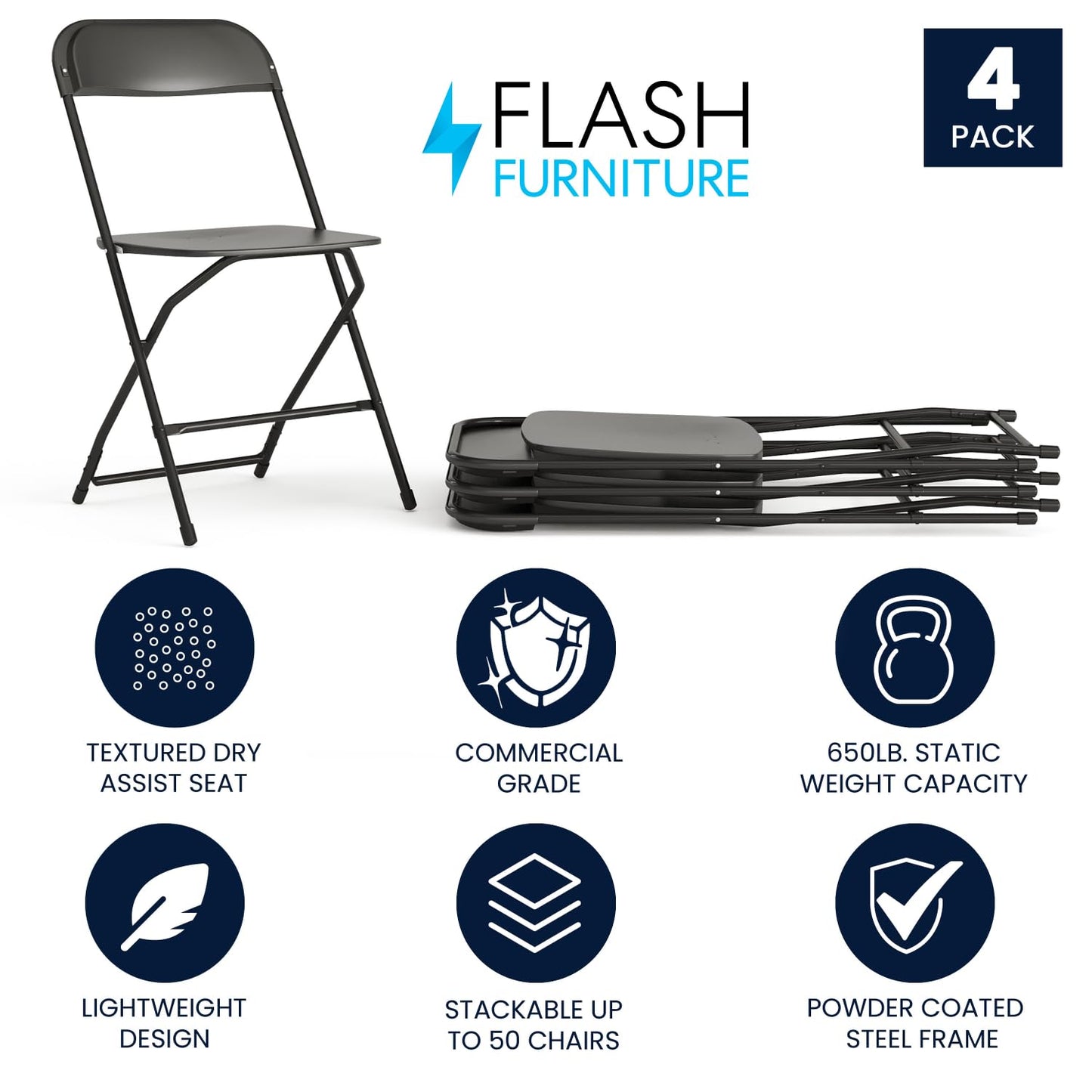 Flash Furniture Hercules Series Plastic Folding Chairs for Parties and Weddings, Stackable Commercial Event Seats with 650-lb. Static Weight Capacity, Set of 4, Black