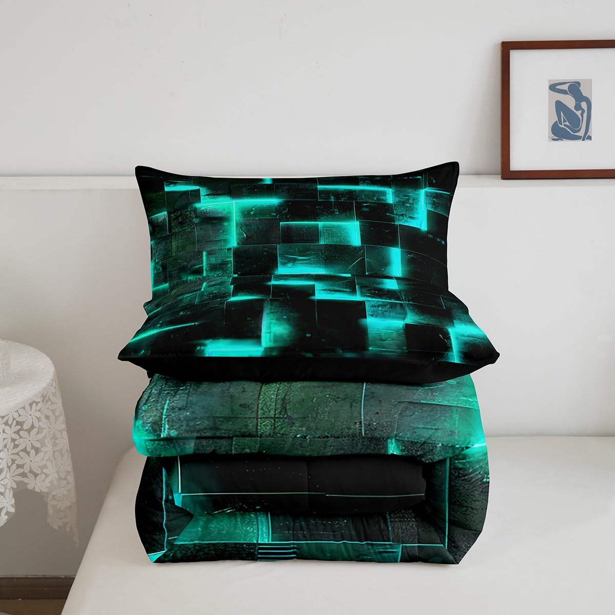 Erosebridal Black and Teal Comforter Set Twin Modern Abstract Twin Bedding, 3D Glowing Plaid Bedding Comforter Sets Gradient Grid Duvet, Neon Square Quilted Comforter 2pcs (Black Reversible)