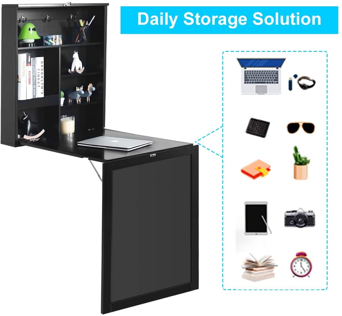 GRAFFY Modern Black Wall-Mounted Folding Desk, 24" x 34" x 57.5" (L x W x H), Multi-Function Table with Storage Shelves & Hooks, Computer Desk Laptop Workstation Home Office