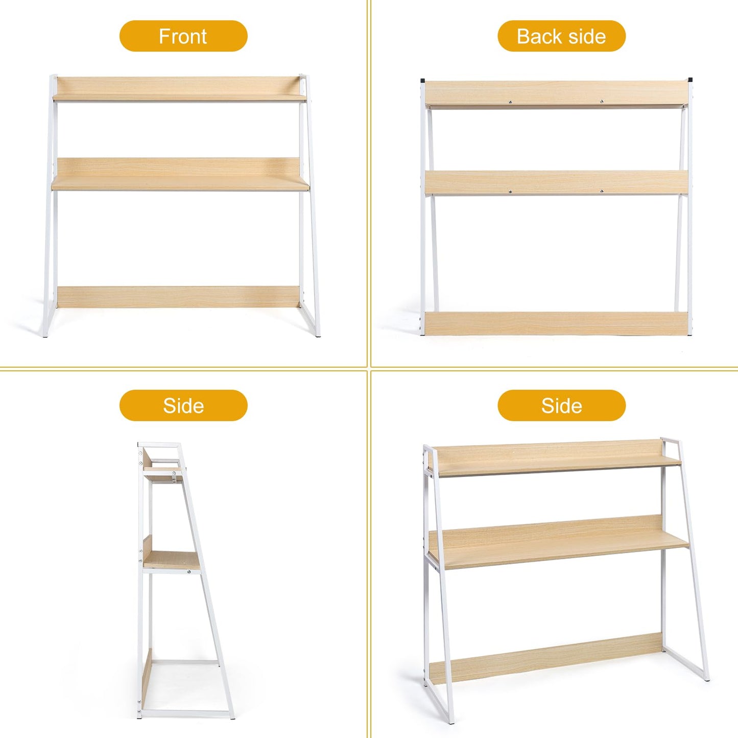 KIOMIMI 2-Tier Desktop Bookshelf & Hutch - Fits Over Large Monitors - Modern Desk Organizer with Metal Frame - Vertical Storage for Small Desks, Home Office, Dorm, Makeup Vanity (Blonde Wood/White)