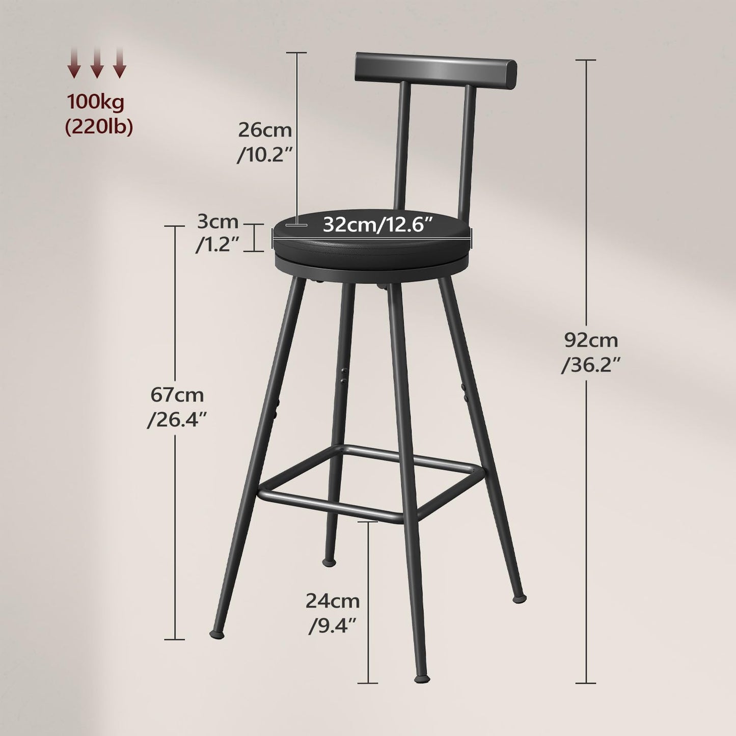 MAHANCRIS Bar Stools, Set of 2 PU Upholstered Bar Stools, Bar Chairs with Backrest and Footrest, Kitchen Stools with Adjustable Feet, Comfort PU Seat for Home Bar, Kitchen Island, Black BABK60R01