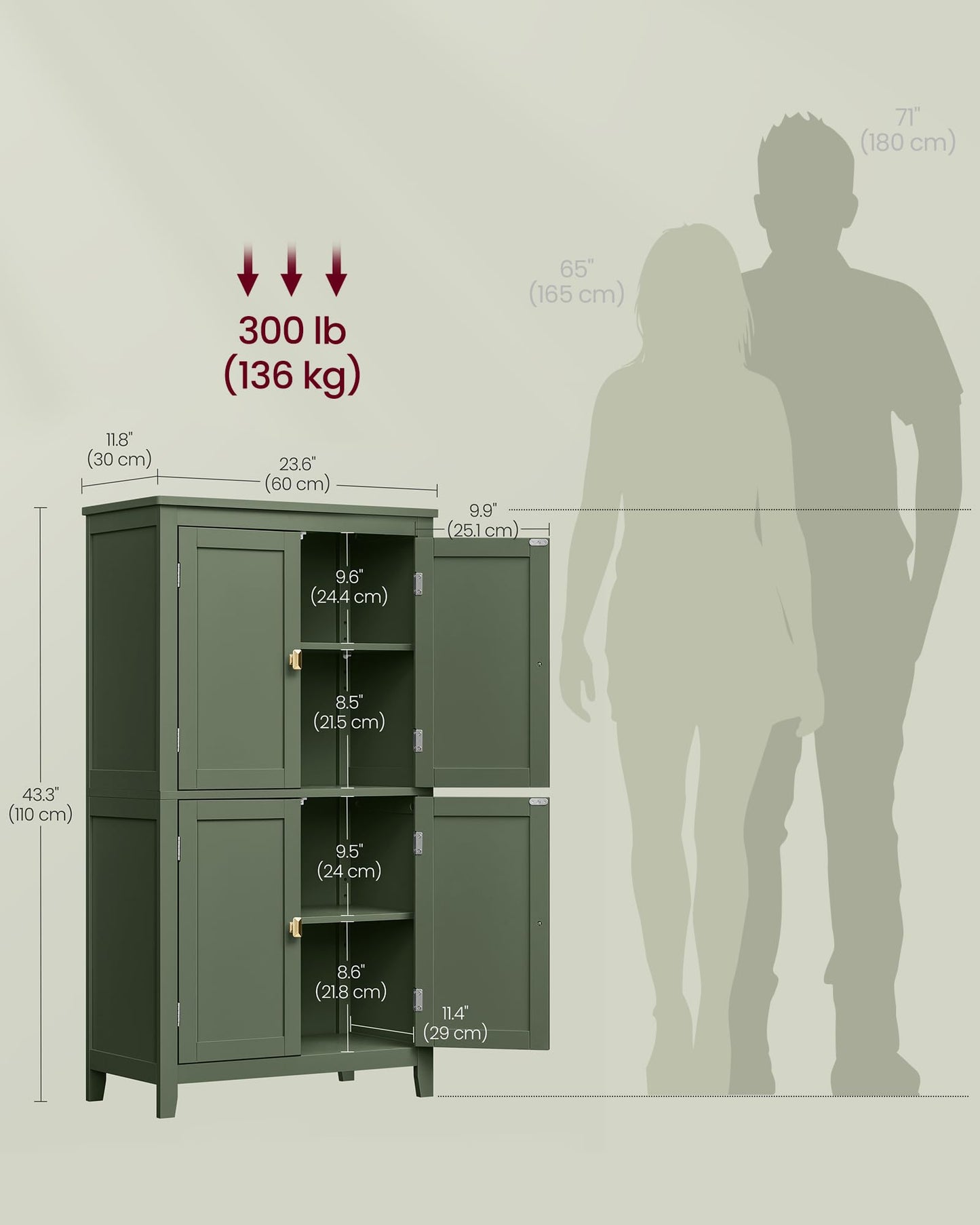 VASAGLE Floor Storage Cabinet, Freestanding Storage Unit with 4 Doors, Adjustable Shelves, 11.8 x 23.6 x 43.3 Inches, for Entryway, Bathroom, Forest Green UBBC552C01