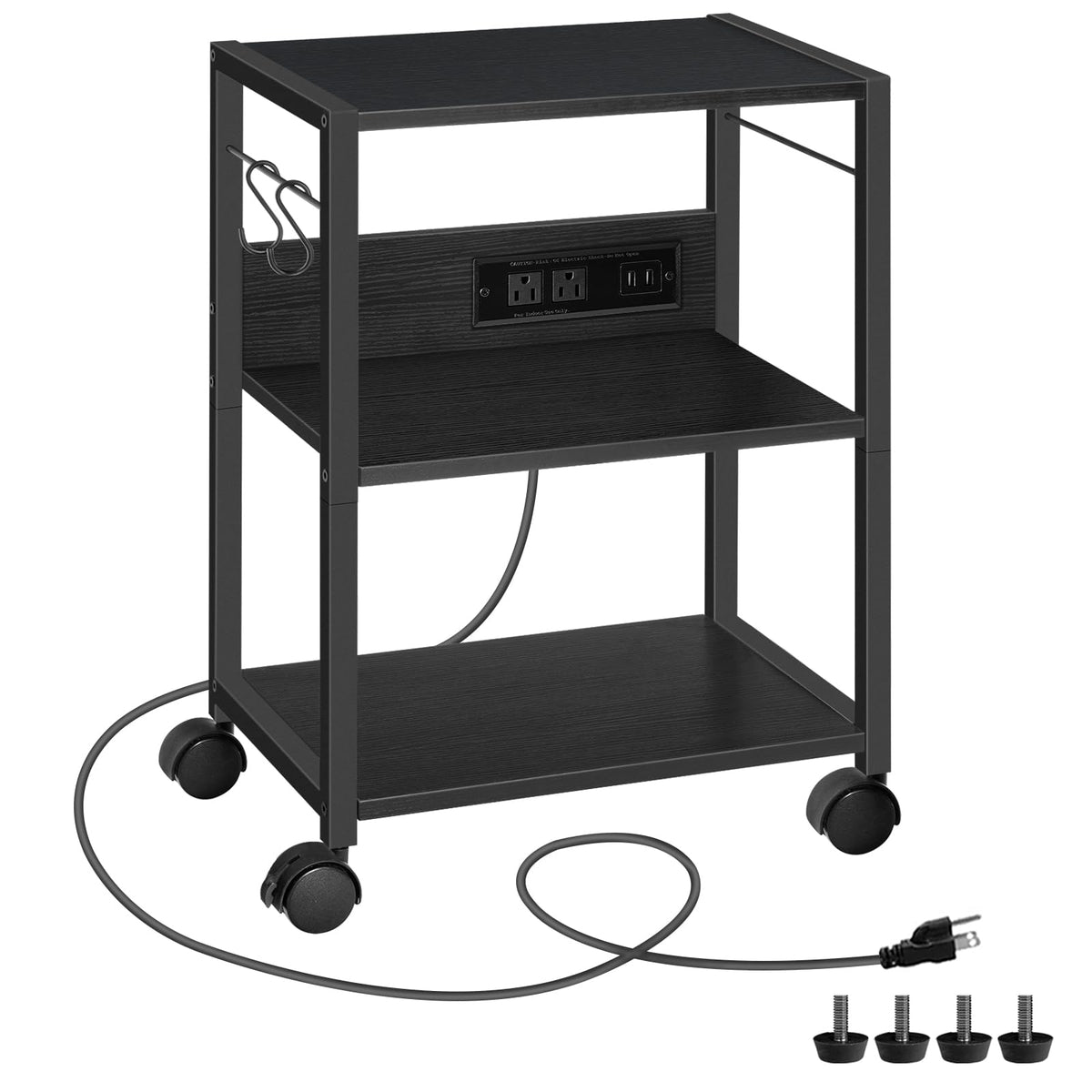 MAHANCRIS Industrial Printer Cart, 3-Tier Mobile Printer Stand, Rolling Cart with Power Outlets and USB Ports, Home Printer Stand with 2 Hooks, for Office, Living Room, Black PTHB40E01