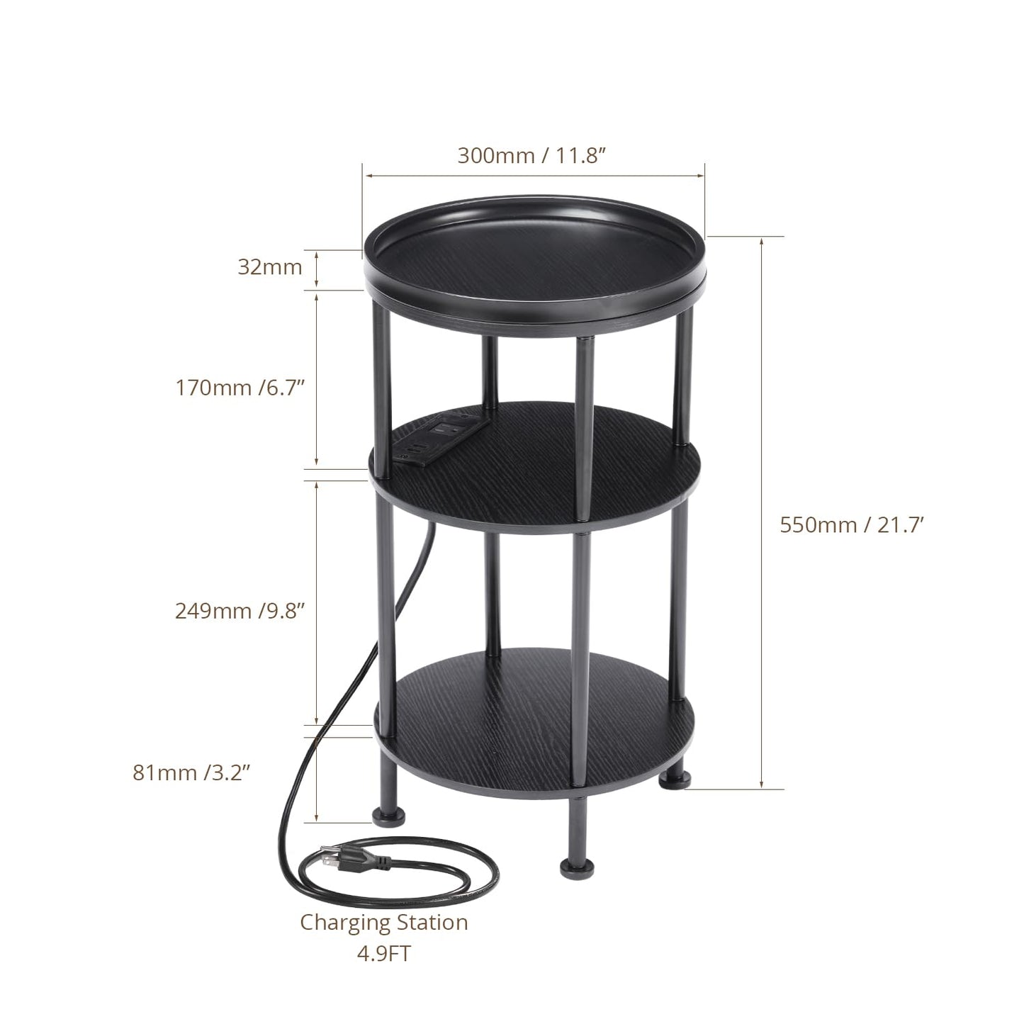 ZEXVIDA Small Round Side Table with Charging Station for Small Spaces, 3-Tier Accent Table with USB Ports & Power Outlets, Sofa Corner Tea Table for Living Room Nightstand Bedroom Apartment (Black)