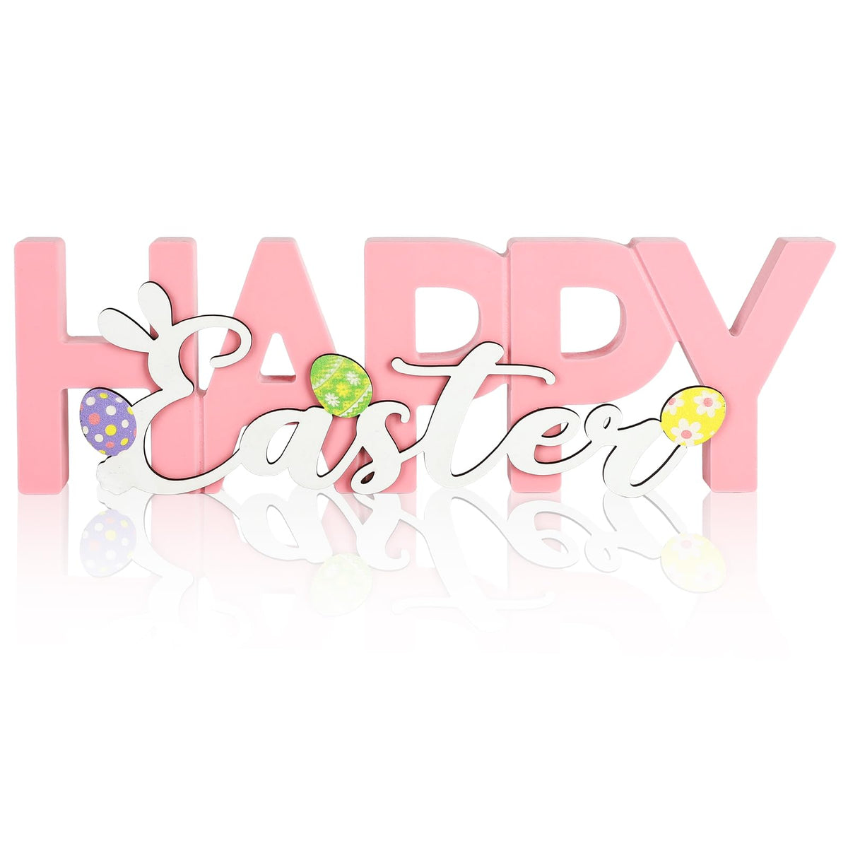 COCHIE Wooden Happy Easter Sign, Spring Decorations for Home, Office, Shelf, Mantel, Indoor, Wood Bunny Ear Egg Decor, Pink Spring Table Top Party Supplies Decoration (Easter)