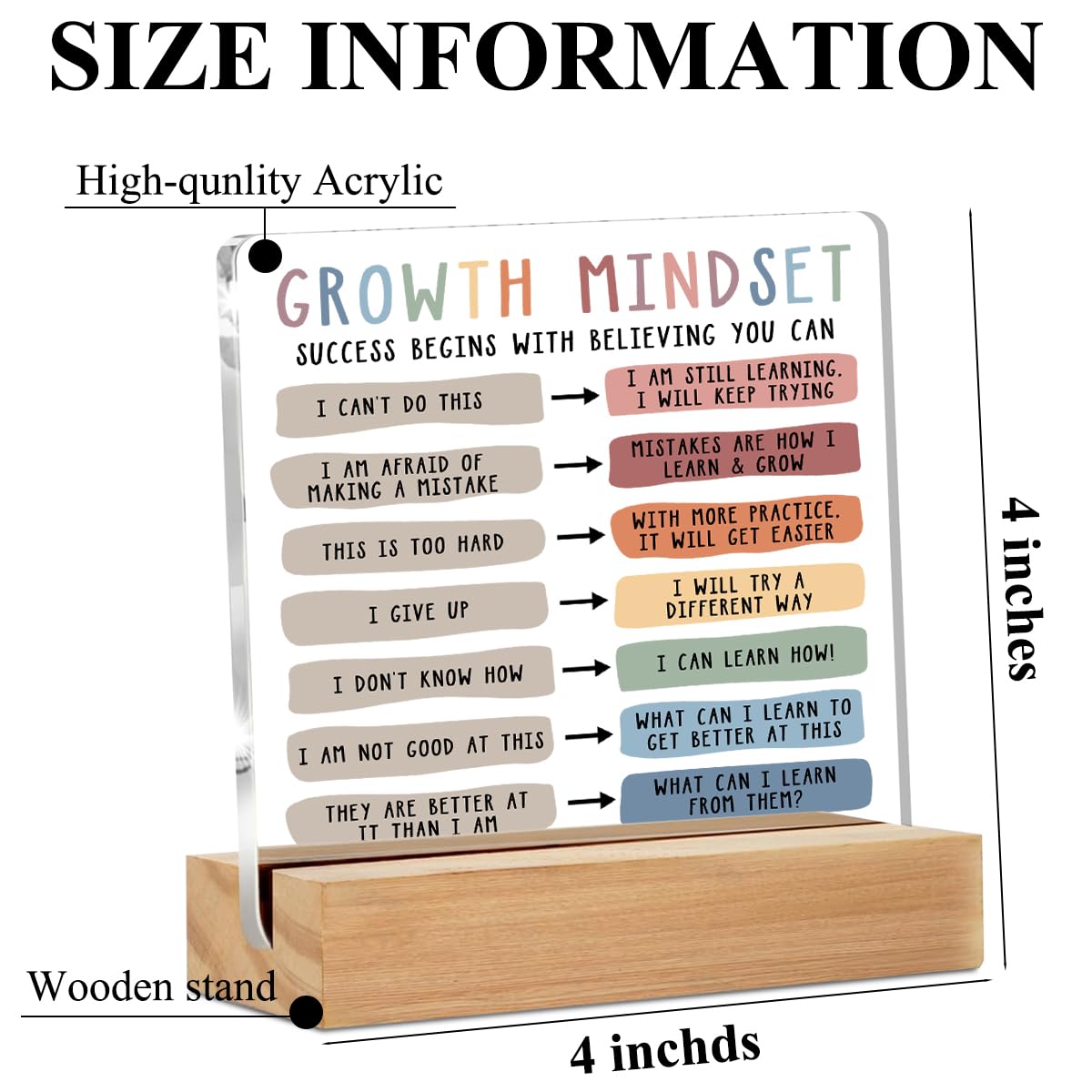 Growth Mindset Table Desk Decors, Positive Affirmations Acrylic Sign, Inspirational Gifts for Women, Counseling Room Therapy Office Home Classroom Bedroom Decor