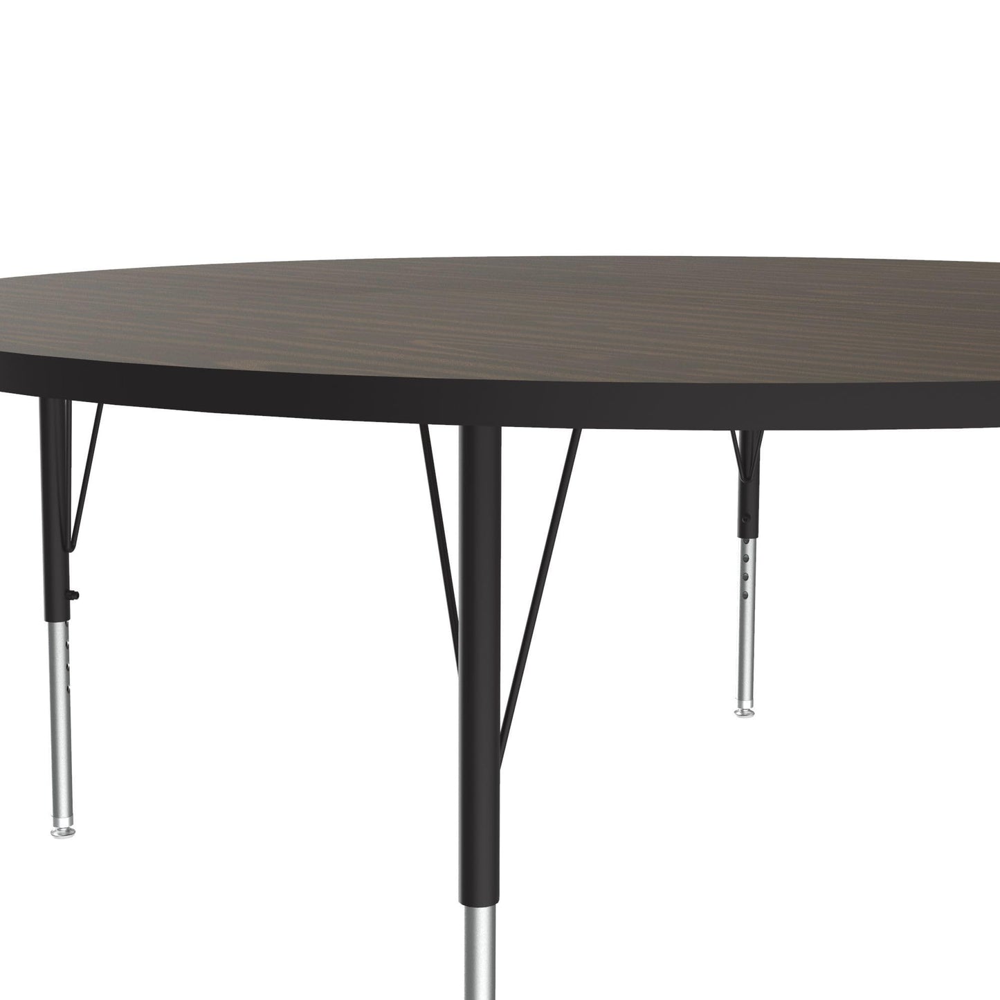 Correll 60" Round Econoline Classroom Activity Table, Walnut Melamine Top, Height Adjustable (19"-29"), Black/Chrome Legs, School Furniture, Made in The USA