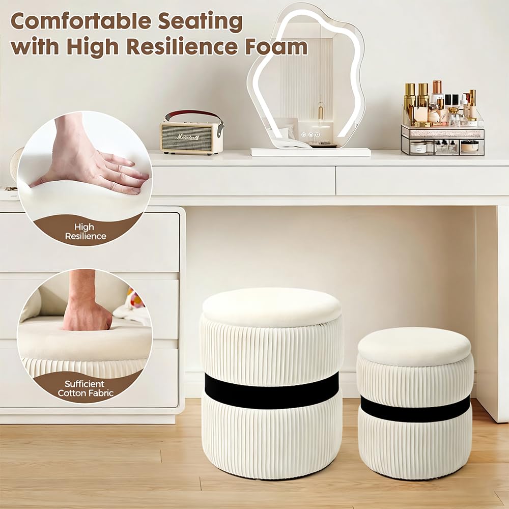 2BYF Velvet Round Ottoman Set of 2 with Storage, 12 Gallon Hidden Storage Ottoman, Multi-Functional Footrest Stool, Vanity Seat, Coffee Table, No Assembly Required, Holds 300lbs, (White)