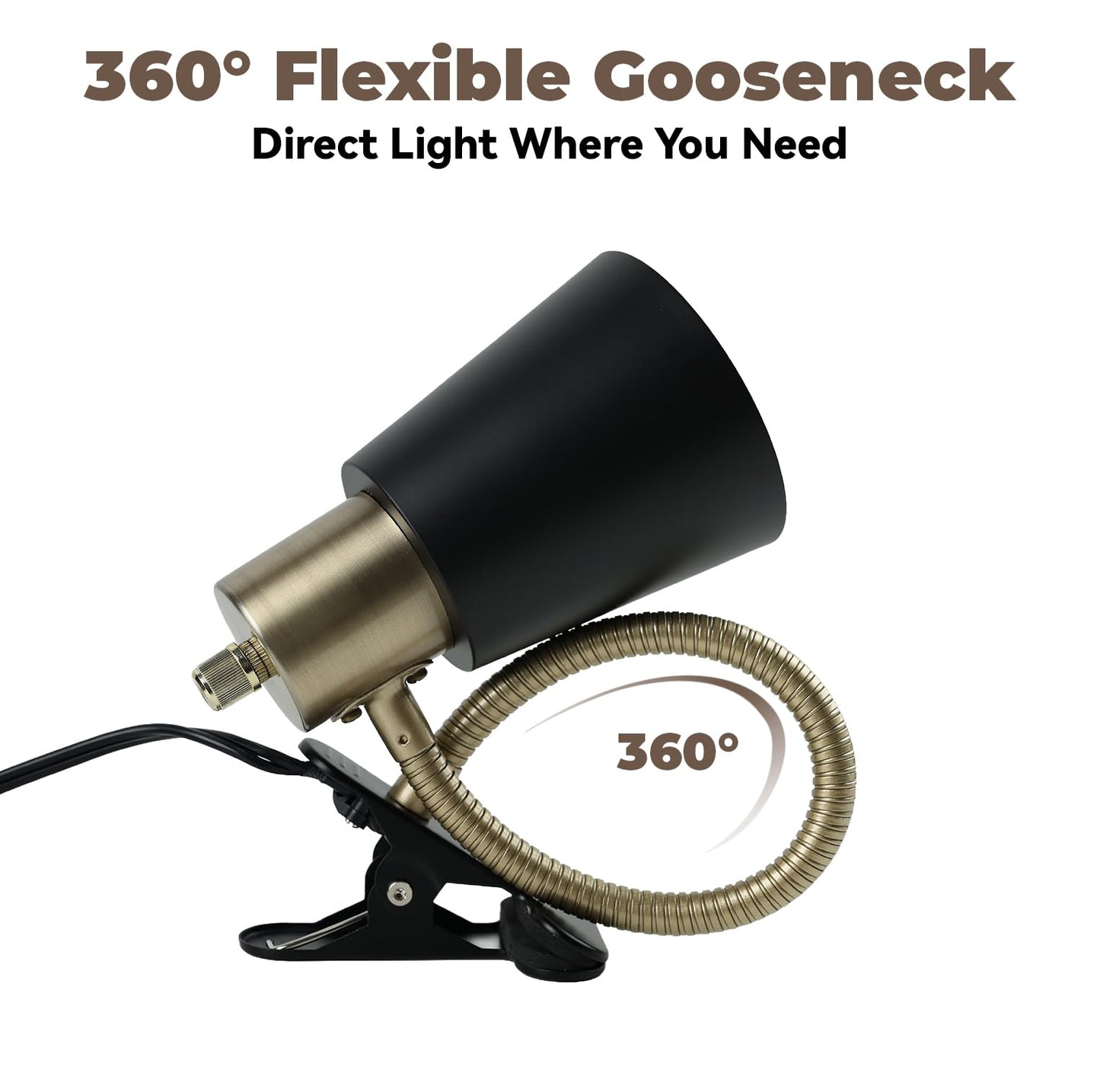 Desk lamp Eye-Caring Table Lamps, 360°Rotation Gooseneck Clip on Lamp Reading Light, Portable Reading Book Light, Clamp Light, Study Desk Lamps for Bedroom and Office Home Lighting (Black and Gold)