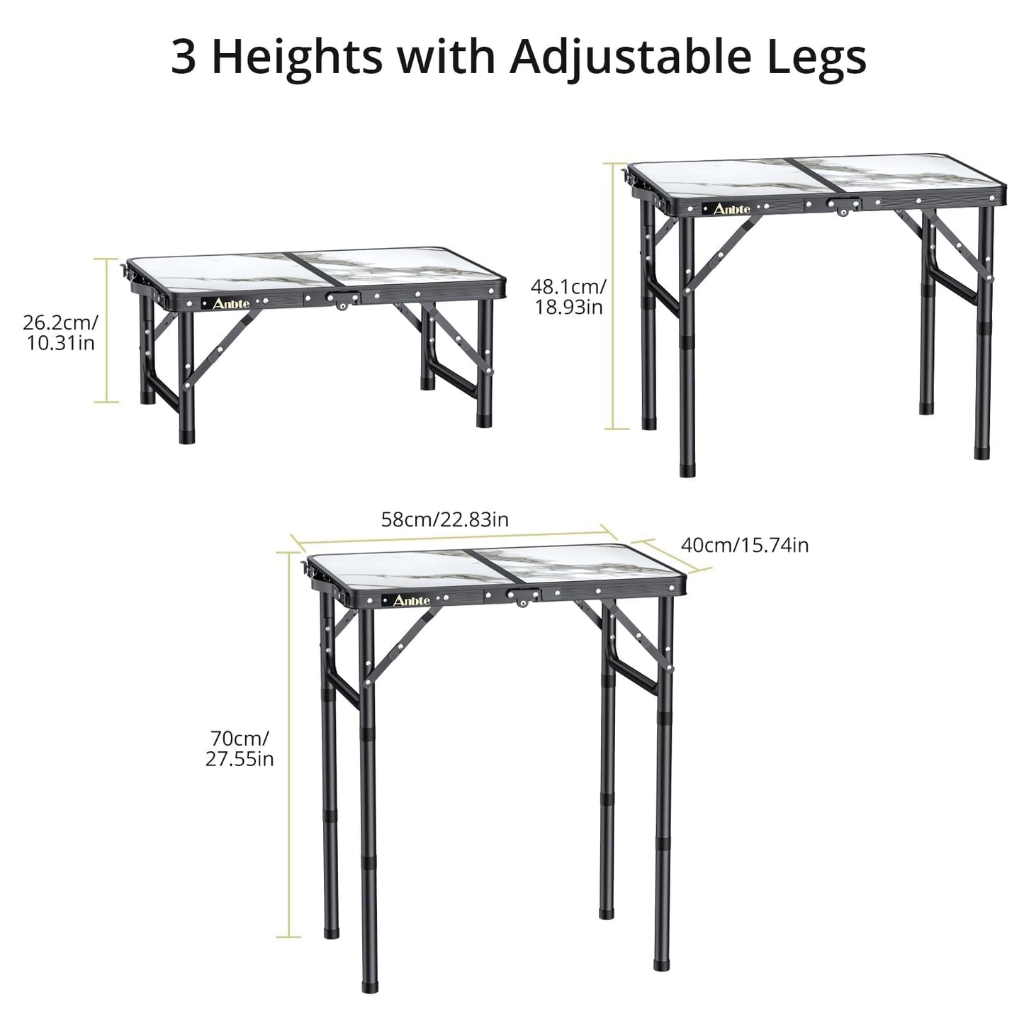 Anbte Folding Camping Table with Storage Net, 3 Adjustable Height Max 27.5" Aluminum Small Folding Table, Portable Table with Carry Handle, Lightweight, for Outdoor Indoor Travel Camping Picnic