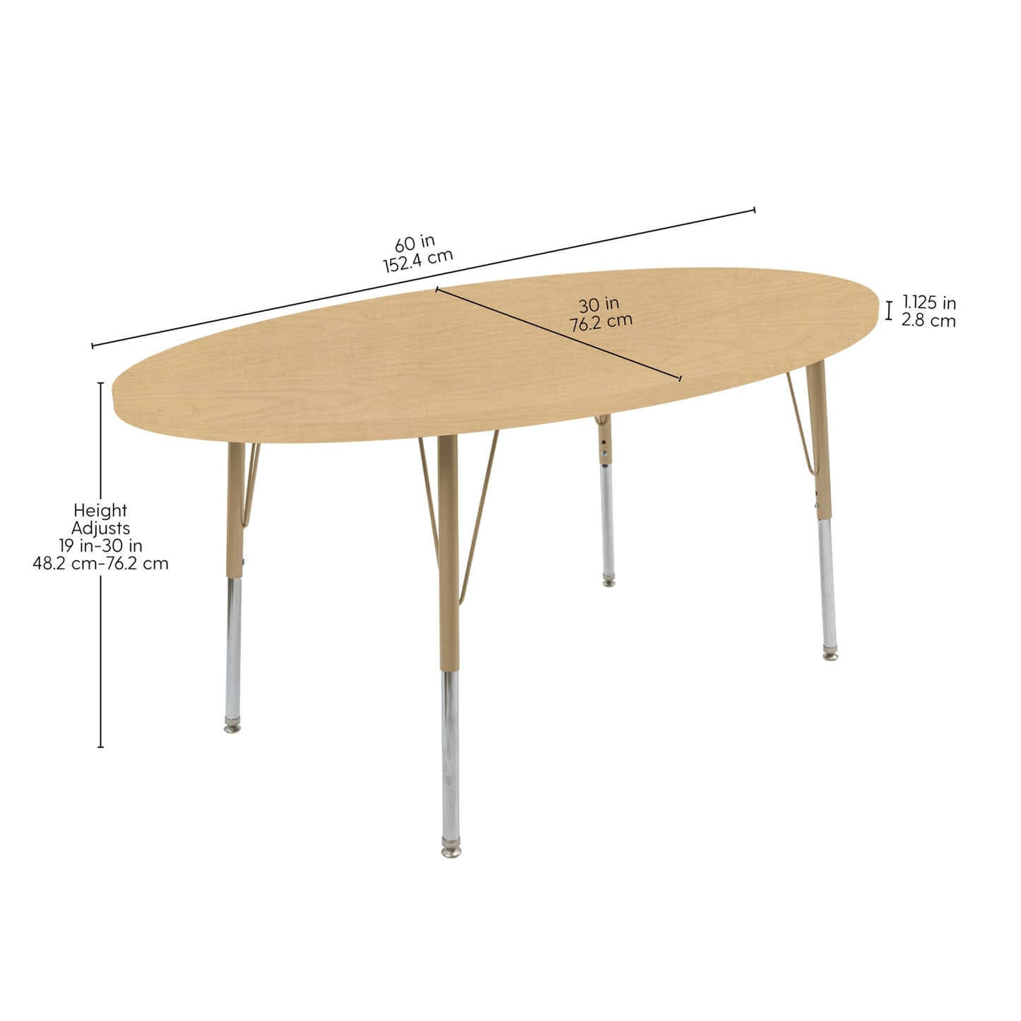 Factory Direct Partners FDP 30" x 60" Oval Thermofused Classroom Activity Table with Standard Swivel Glide, Adjustable Height 19"-30" - Maple Grain/Sand - 15590-386