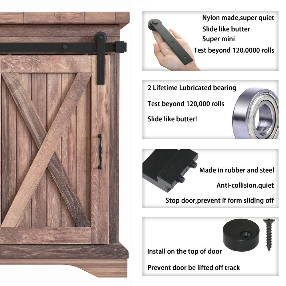 WINSOON 4FT Super Mini Sliding Barn Door Cabinet Hardware Kit for Single Door TV Stands Small Wardrobe Cabinets, I Shape Hanger (NO Cabinet)