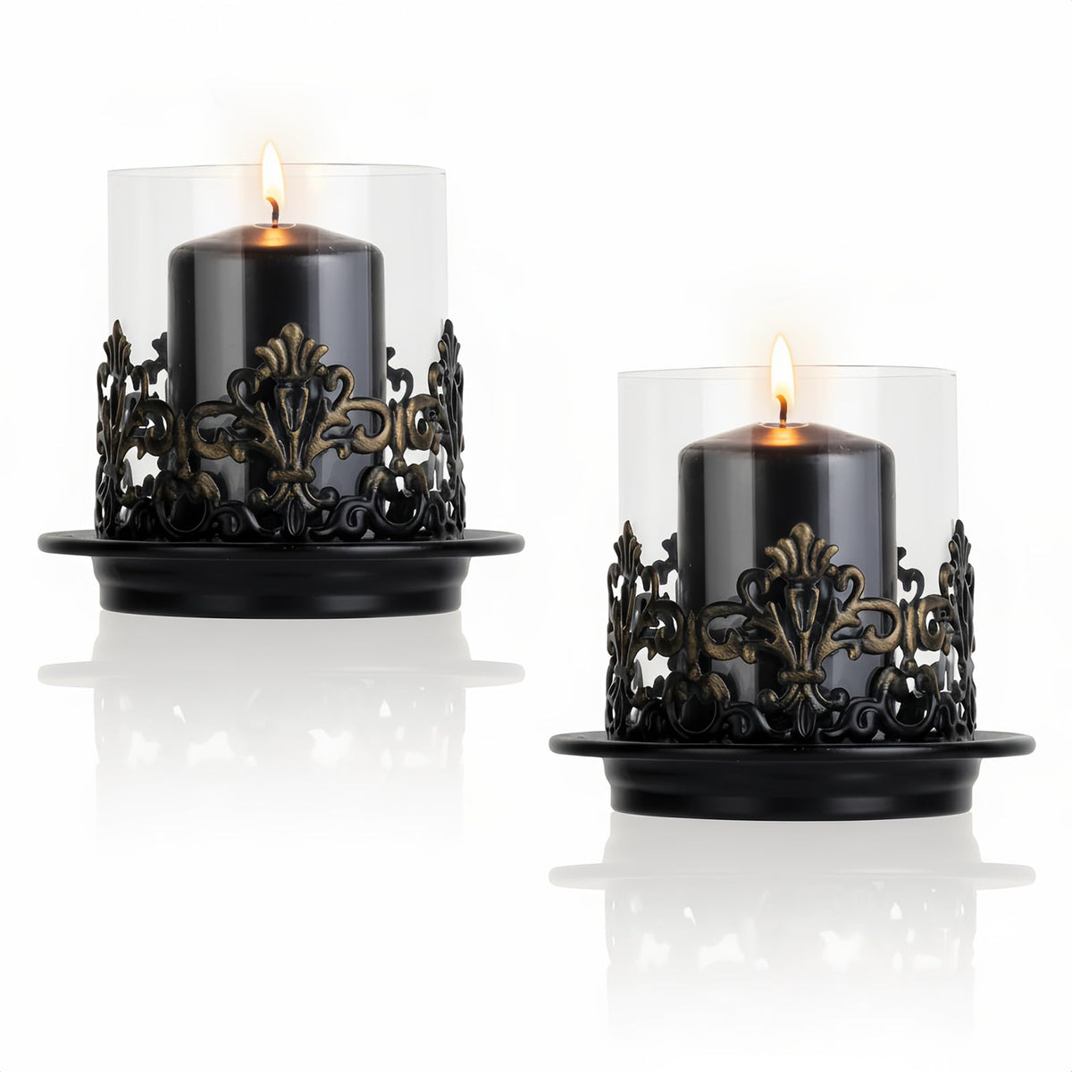 Woparty Vintage Gothic Glass Hurricane Candle Holders, Black Metal Base with Gold Accents, Clear Glass Sleeve, 4.3x4 Inch, Set of 2, for Pillar Candles