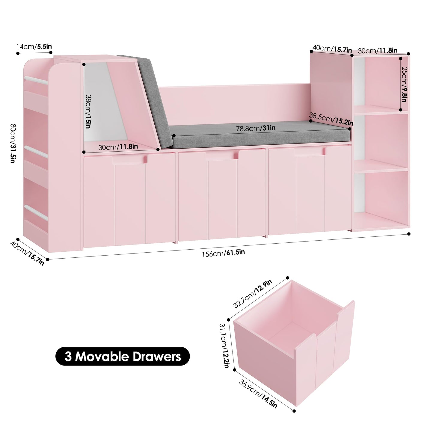 BOTLOG 61.5" Kids Reading Nook with 3-Layer Bookshelf, Reading Nook for Kids with Double Bench and Rolling Drawers, Bookshelf and Toy Storage for Nursery, Playroom, Pink
