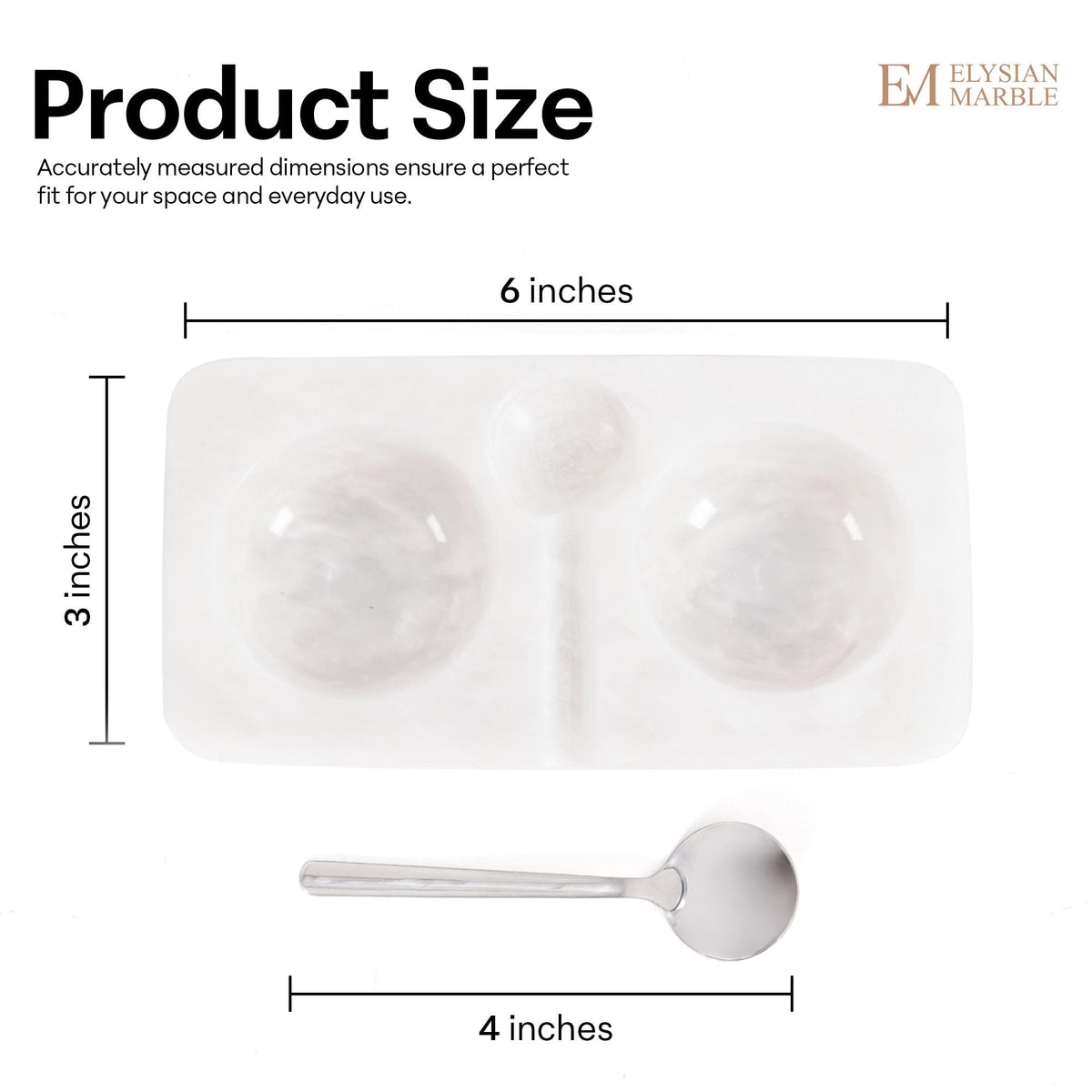 Marble Salt and Pepper Dish with Spoon, Handcrafted Double Spice Tray with 2 Compartments, Natural Stone Condiment Dish for Cooking Prep and Serving - White
