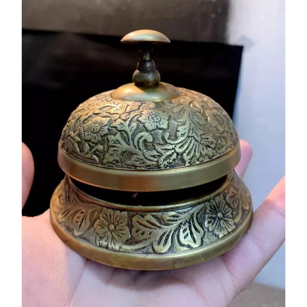 Vintage Style Brass Service Bell, Ornate Floral Pattern, Hotel Reception Counter Desk Bell, Antique Bronze Finish