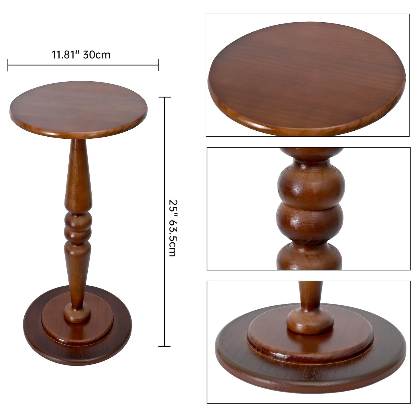 SwallowLiving Round Pedestal Side Table – Solid Pine Wood Drink Table for Small Spaces, 25" Tall Narrow End Table for Living Room & Bedroom, Vintage Brown Accent Furniture (12" Diameter)