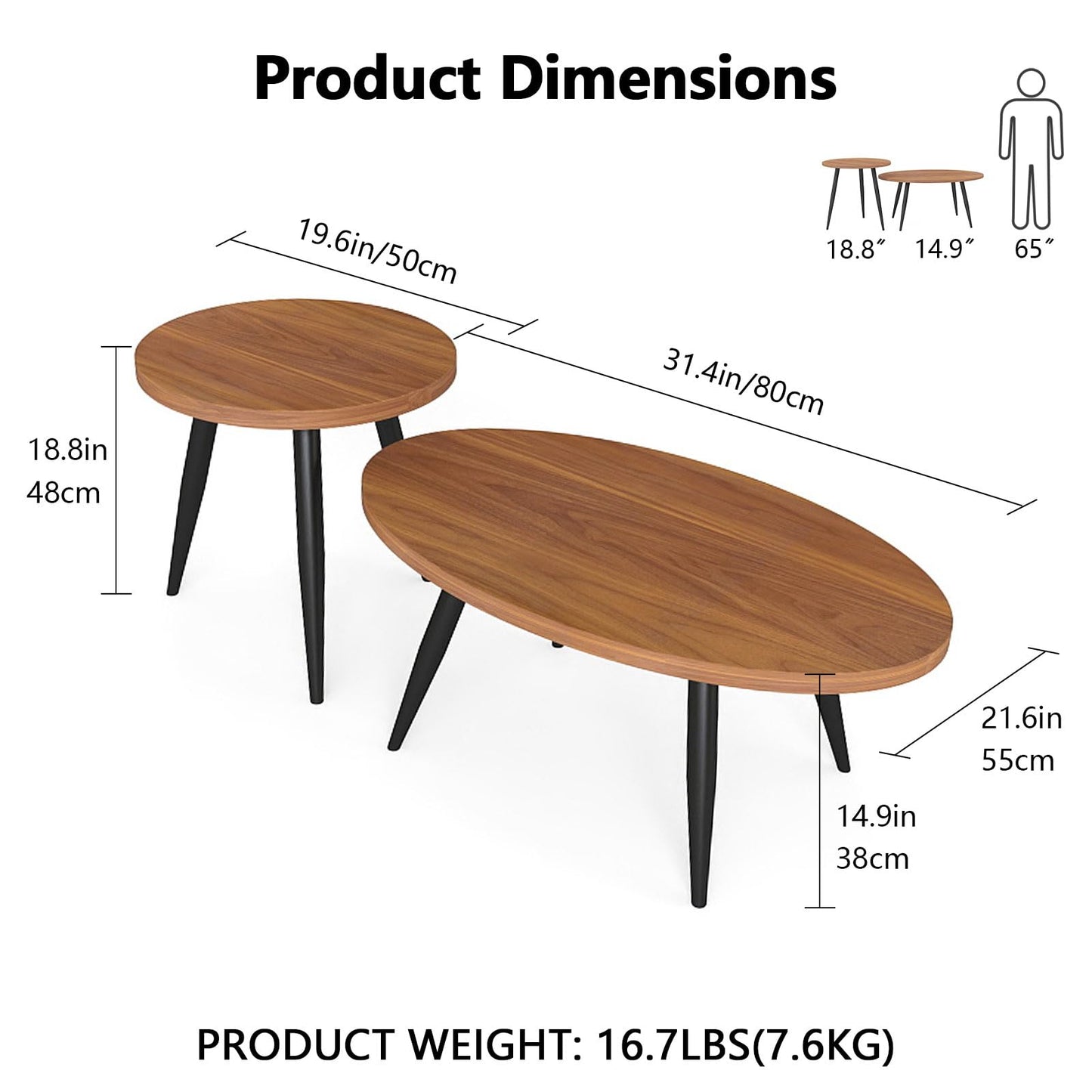 Permory 2-Piece Nesting Coffee Table Set, Oval & Round Mid-Century Modern Side Tables with MDF Tabletop & Metal Tapered Legs, Accent Table Set for Living Room, Small Spaces, Walnut