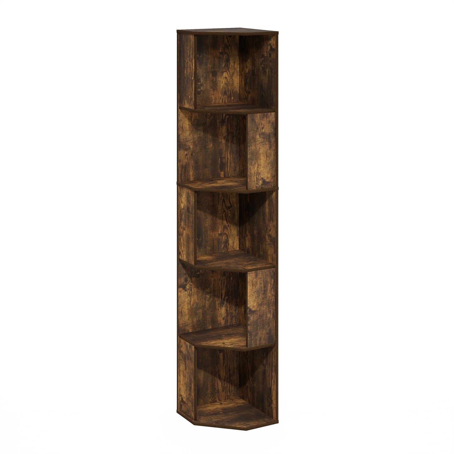 Furinno ECON Corner Shelf, 5-Tier Corner Book Shelf, Standing Storage Shelves, Cube Display Rack, Bookshelf, for Organization and Storage, Living Room, Home Office, Amber Pine