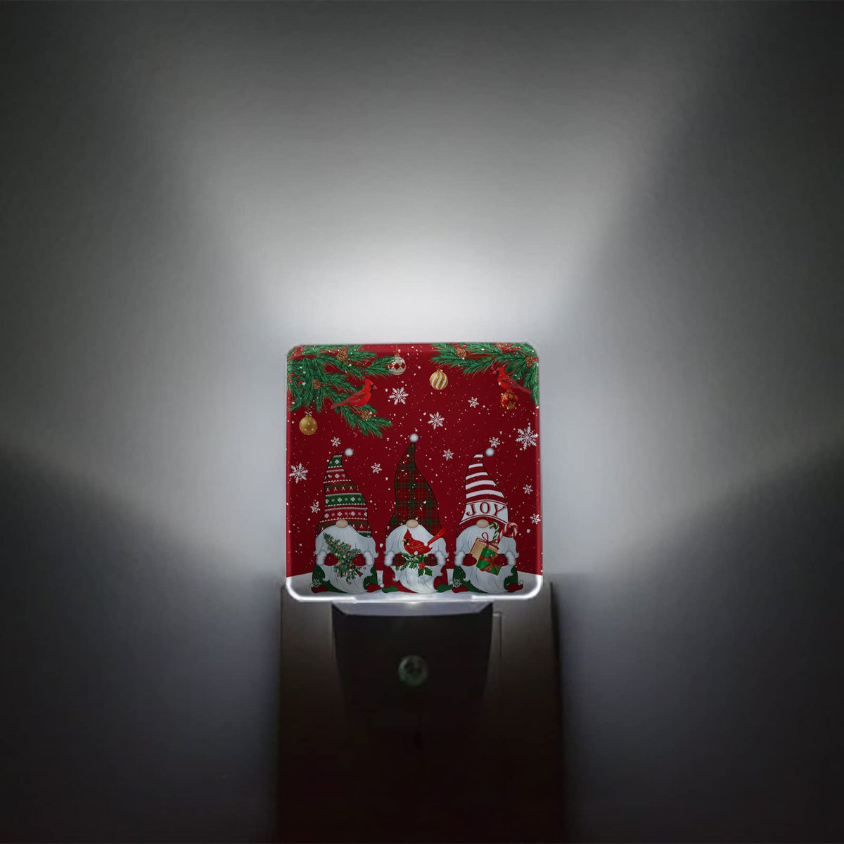 Red Christmas Gnome Cardinals Snowflake Plug-in LED Night Lights Merry Xmas Auto Dusk-to-Dawn Sensor for Bedroom, Bathroom, Kitchen, Nursery, Hallway, Stairs, Wall Home Decor