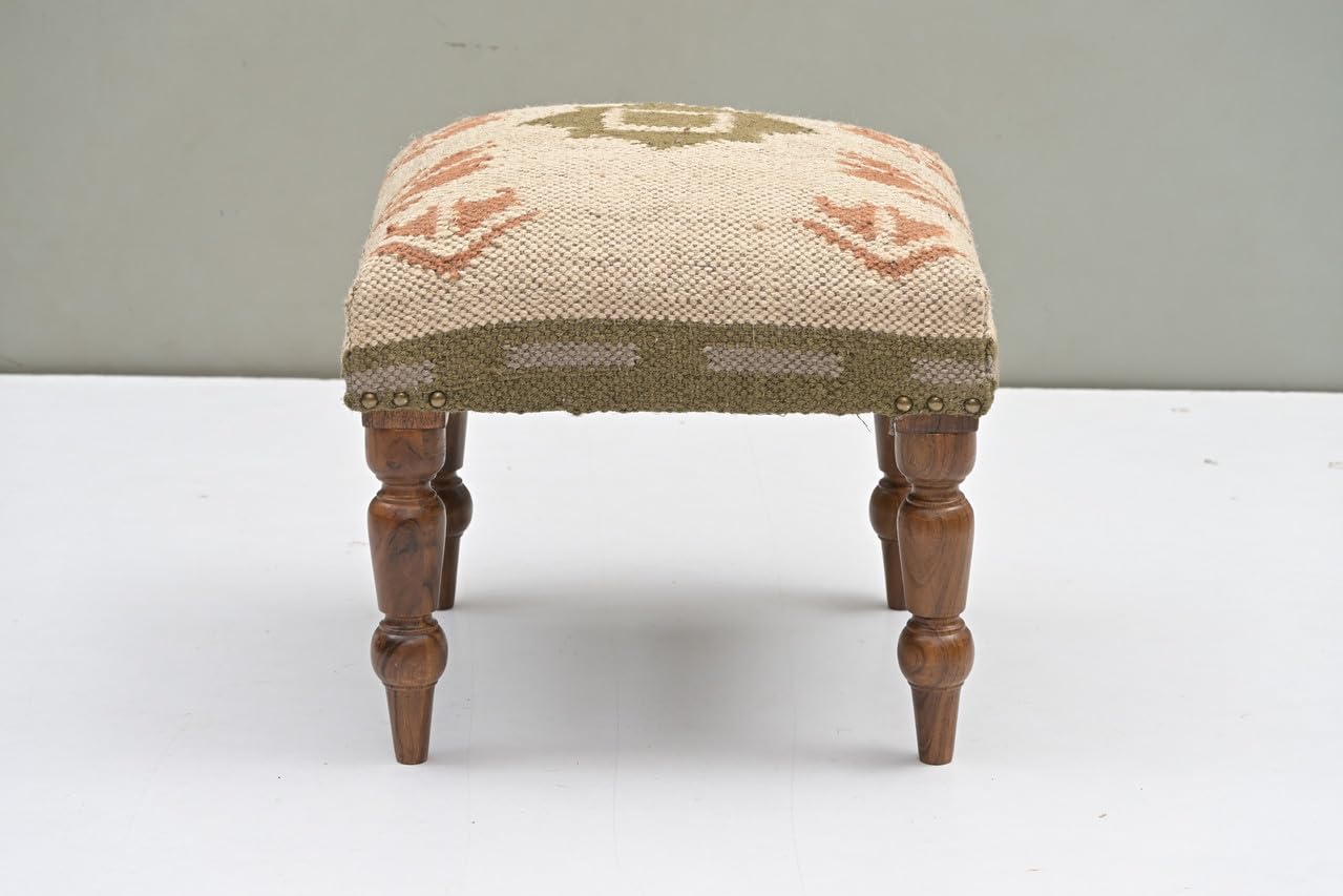 NATURAL FURNISH Handmade Jute Upholstered Ottoman Stool | Square Foot Rest with Wooden Legs | Decorative Accent Seating for Bedroom, Living Room, Entryway, Vanity & Hallway (Beige-Green)