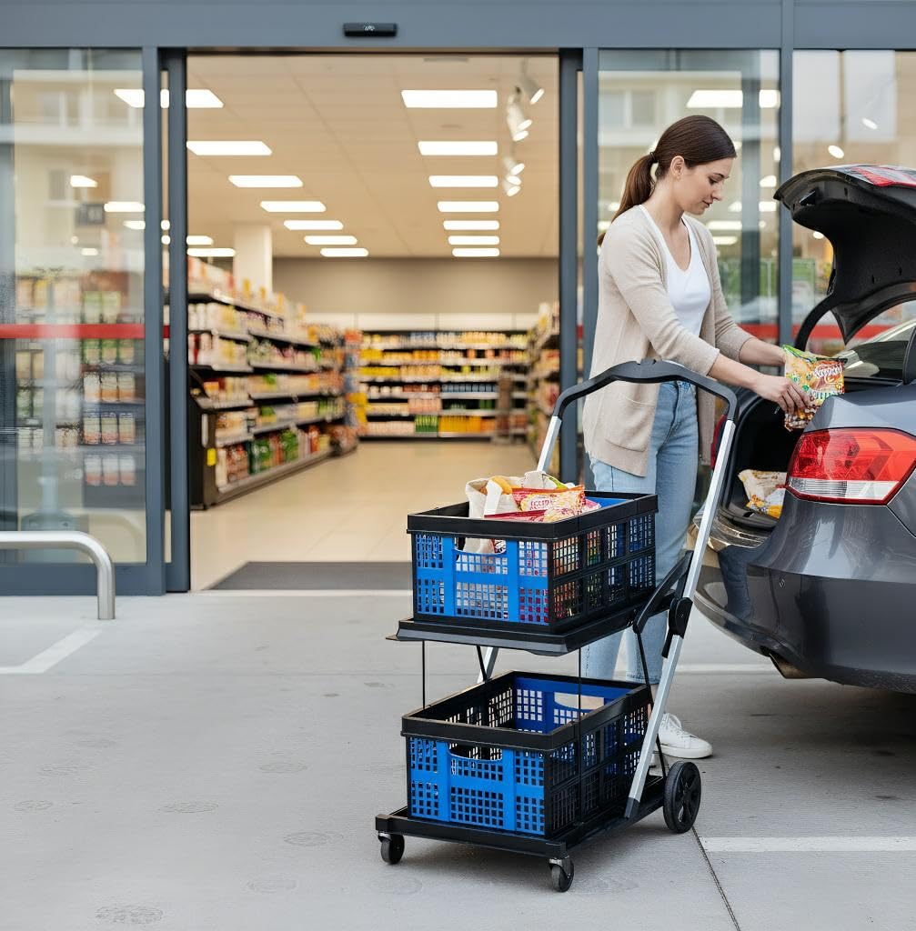 Collapsible Shopping Cart with Wheels,2 Tier Multi Use Foldable Shopping Cart with 2 Storage Crates,Folding Shopping Trolley Utility Cart for Office,Groceries, Warehouse,Supermarket,Picnic (Blue)