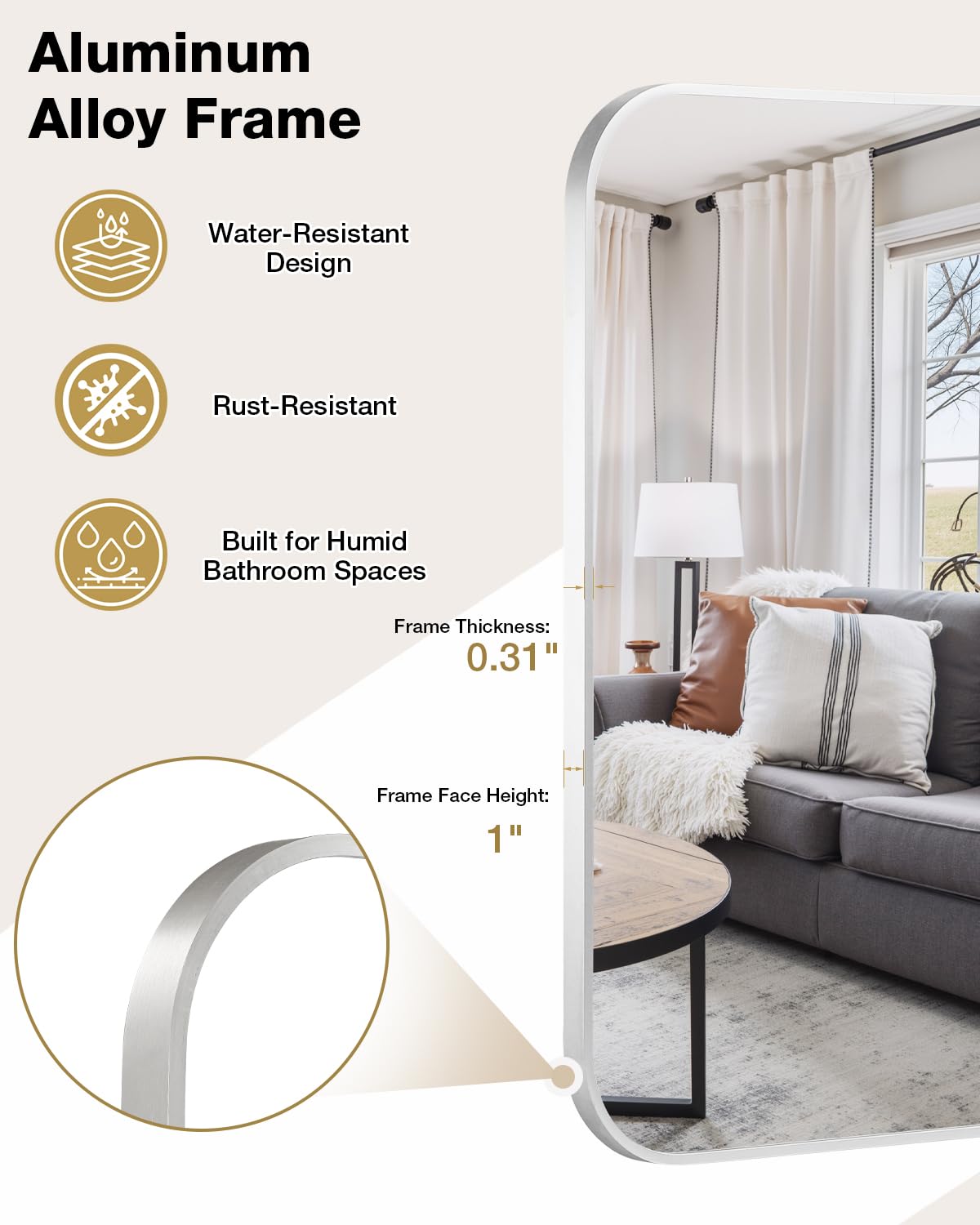 Umzodo 16x24 Inch Brushed Nickel Rounded Rectangle Vanity Mirror with HD Reflection, Shatter-Resistant Tempered Glass Bathroom Mirror for Over Sink, Aluminum Frame, Horizontal or Vertical