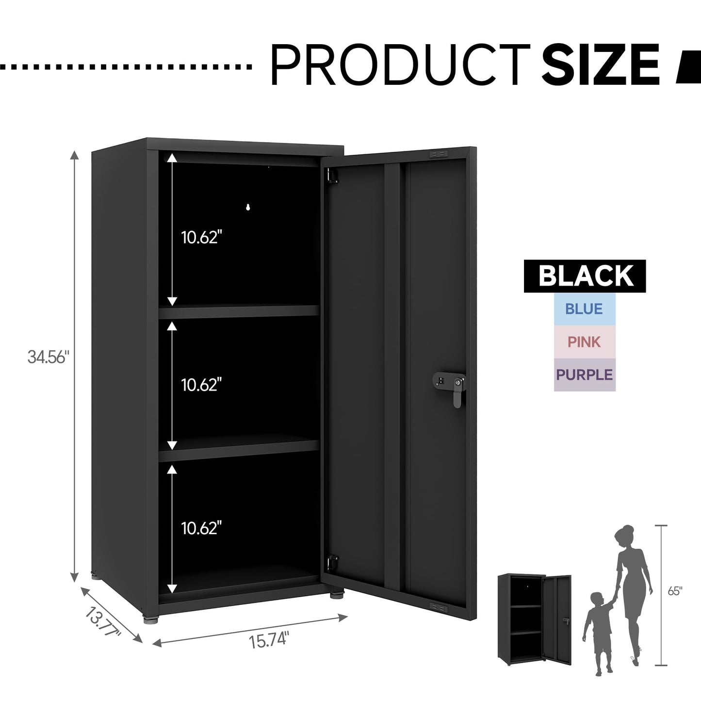MIOCASA Metal Storage Cabinet with Lock, 3 Adjustable Shelves Single Door Steel Locker for Home, Office & Garage (Black)