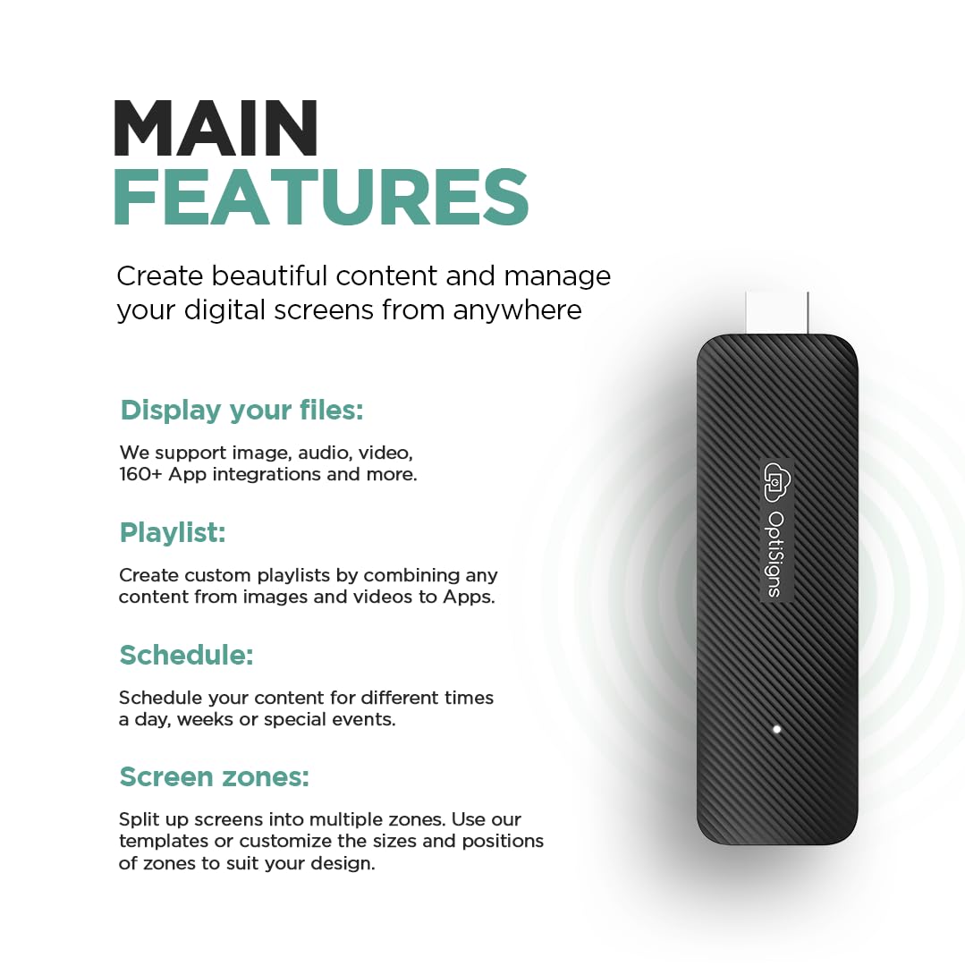 OptiSigns OptiStick Digital Signage Player - Android-Based 4K UHD HDMI Stick, Quad Core, WiFi/Ethernet, Remote Screen Management