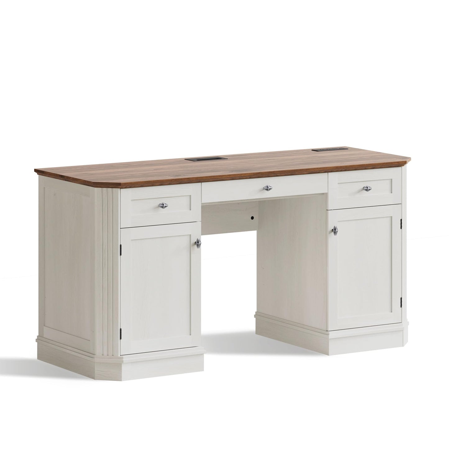 AMBERHAUS 59" Classic Executive Desk with Storage, Victorian Executive Desk with Charging Station, Keyboard Tray, 3 Drawers & Cabinet Storage & Pedestal, Easy Assembly, White