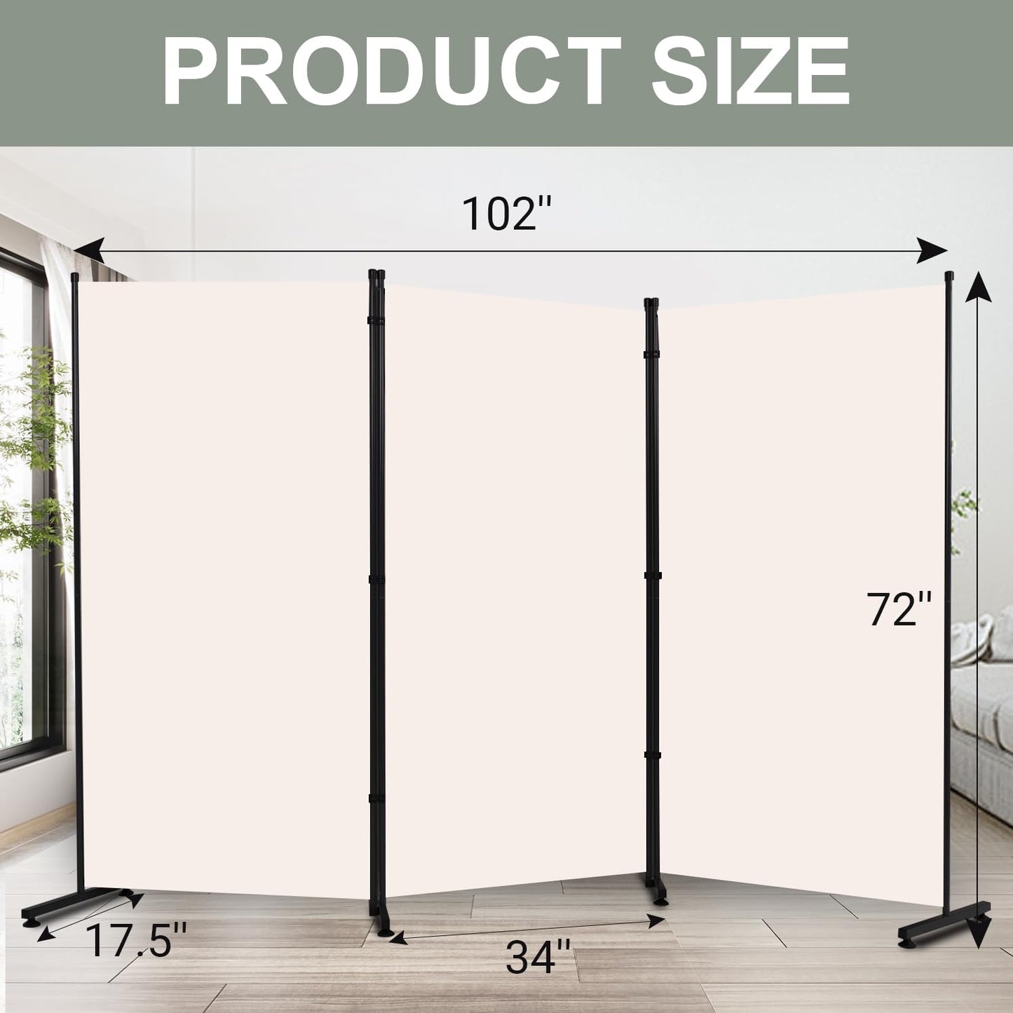 Room Divider 6FT Single Panel Privacy Screen, 102'' Wide Fabric Indoor Room Divider Wall Divider for Room Separation, Portable Room Partitions and Dividers Freestanding Temporary Wall Room Separators
