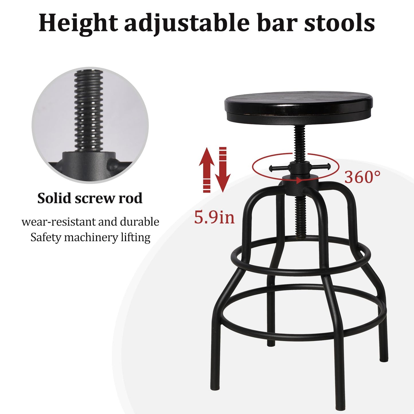 LOKKHAN Vintage Industrial Bar Stool-Rustic Swivel Bar Stool-Round Walnut Wood Metal Stool-Counter/Bar Height Adjustable Pipe Stool-Cast Steel Stool 23.62"-29.52" (Set of 2)