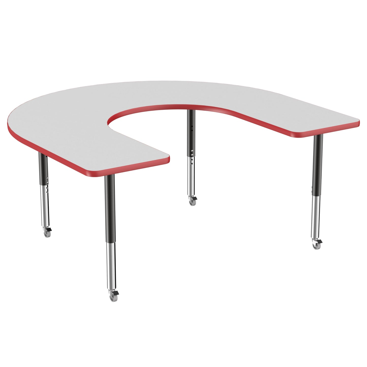 FDP Mobile Horseshoe Activity School and Office Table (60 x 66 inch), Super Legs with Glides and Casters for Collaborative Environments, Adjustable Height 19-30 inches - Gray Top and Red Edge