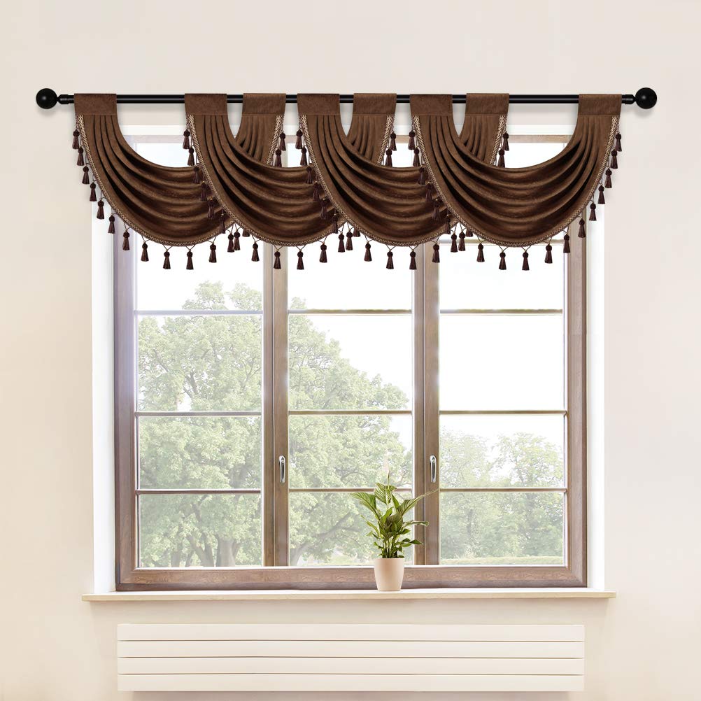 ELKCA Thick Chenille Waterfall Swag Valances for Living Room Chocolate Valance Curtains for Kitchen, Pack of 4(Chocolate, 30" W x 22" L)
