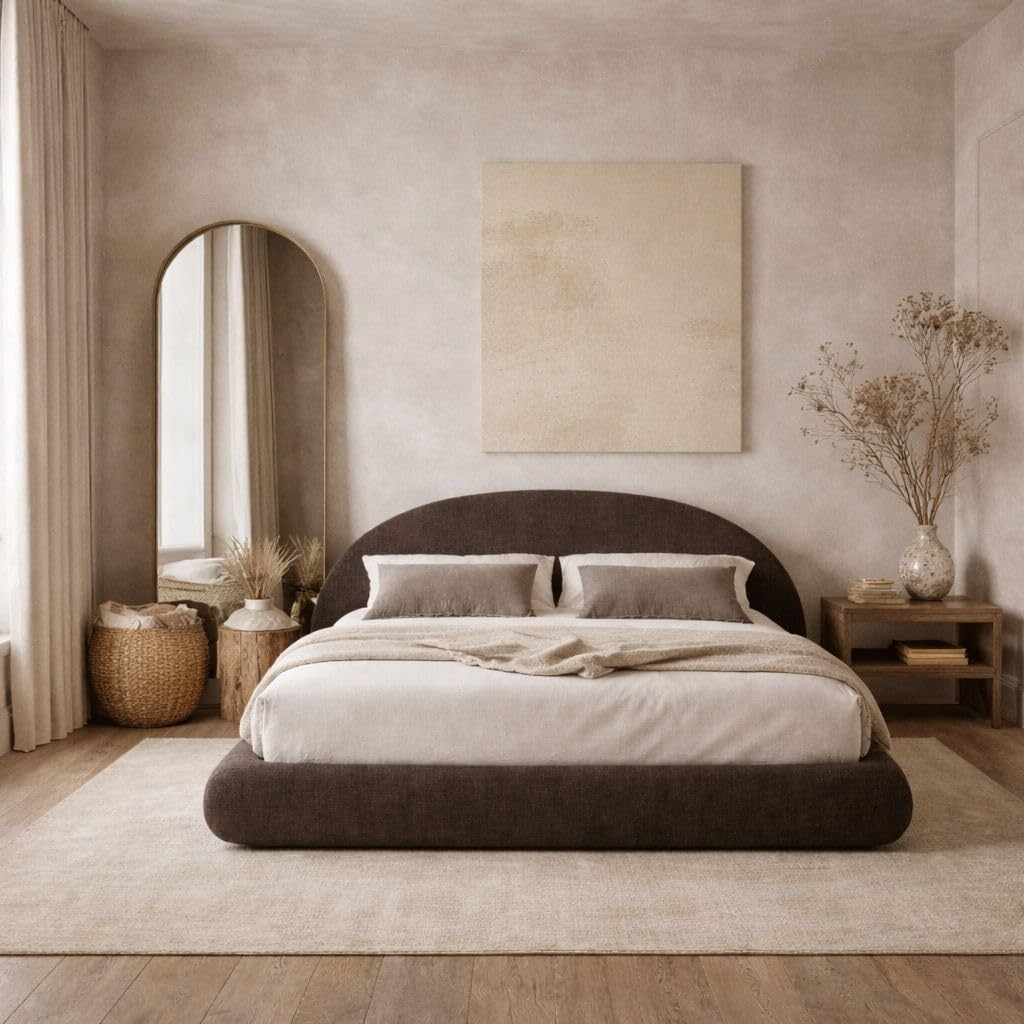 Cloud Frame Round Bed – Washable Zip Cover - Upholstered Linen Soft Foam - Modular Minimalist Modern - Half Circle Moon - Sold Sold Separately (Brown Linen, King Base)