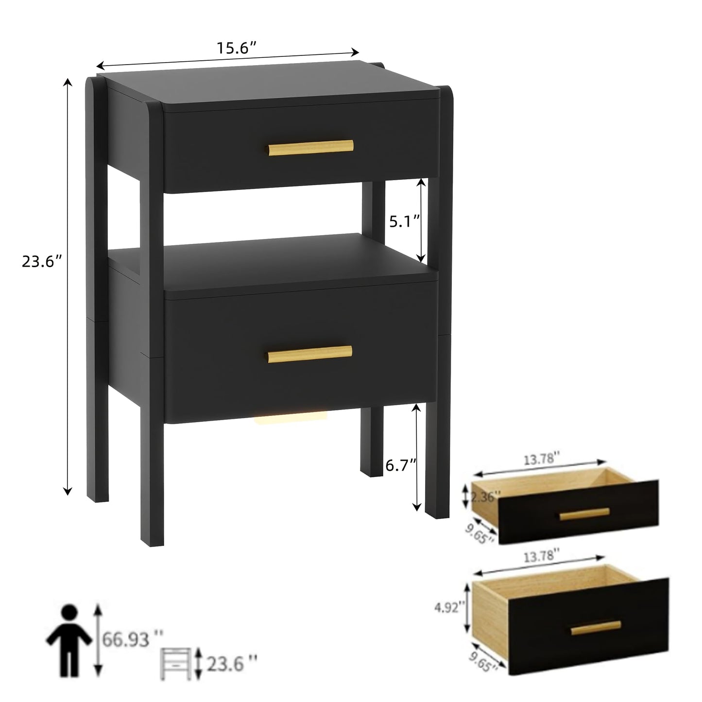 Tltaroni Nightstand with 2 Drawers and Open Shelf Wooden Bedside Table Gold Handles Modern Storage Night Stand Sensor Light for Bedroom, Black