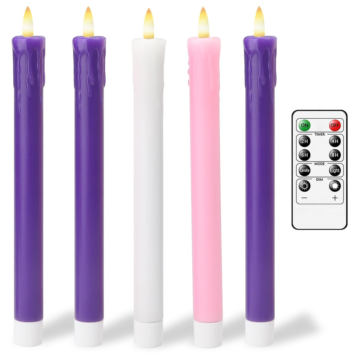 Lezonic Flameless Advent Candles Battery Operated with Remote, Set of 5 Wax Christmas Taper Nativity Candles, LED Advent Wreath Candles for Church Home Christian Decor, 3 Purple & 1 Pink & 1 White