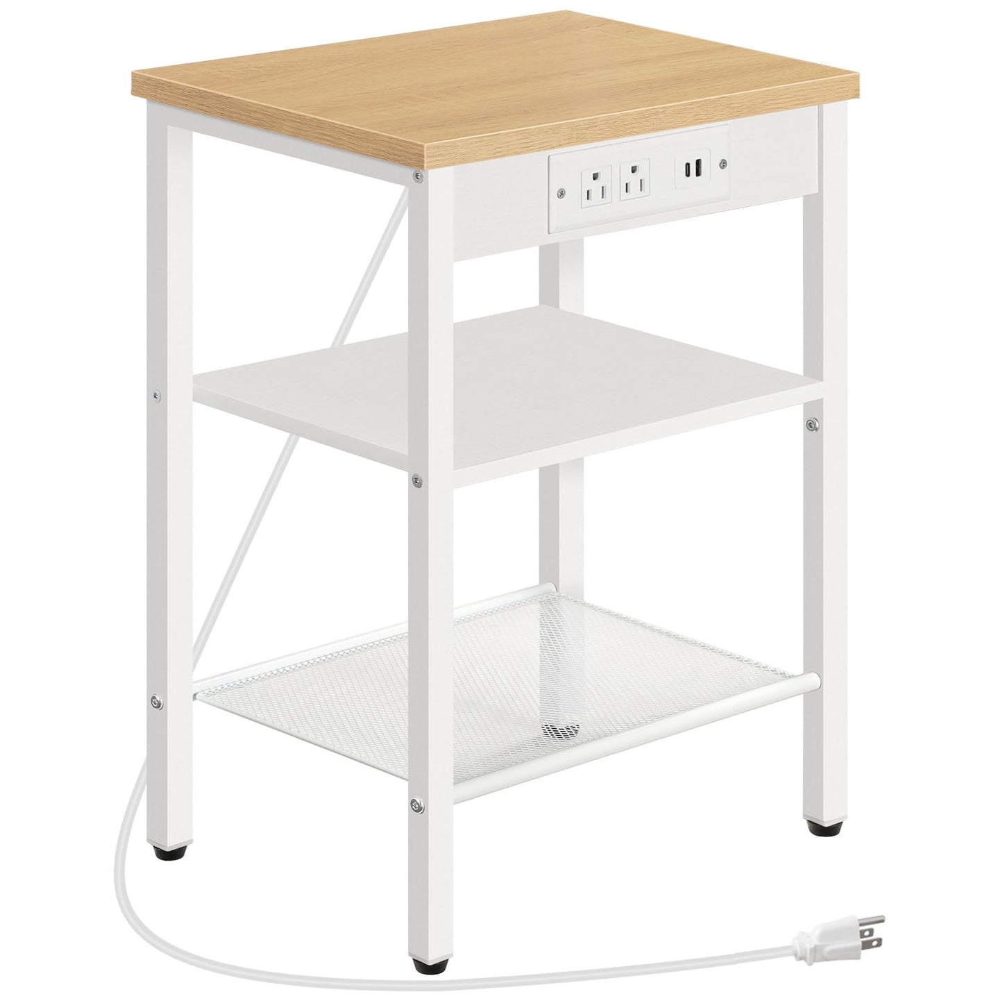 HOOBRO Side Table with Charging Station and USB Port, Small End Table for Small Space, 3-Tier Nightstand with Adjustable Shelf, for Living Room, Bedroom, Natural and White WN112BZ01