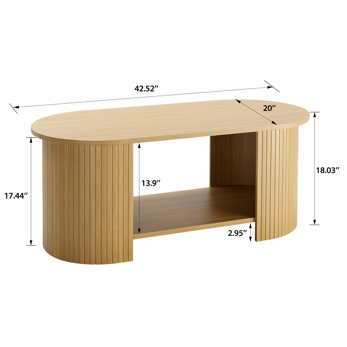 MXV Oval Fluted Coffee Table, 2-Tier Mid Century Modern Center Table, Tea Table with Large Storage, Farmhouse Coffees Table for Living Room, Office, Bedroom, Oak