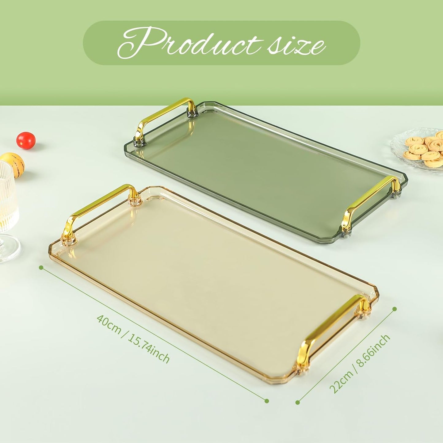 BERGFBV Acrylic Serving Tray with Handles, 16x9 Inch Ottoman Tray, Spill-Proof Coffee Table Tray for Couch, Bedroom & Countertop Decor (Green)