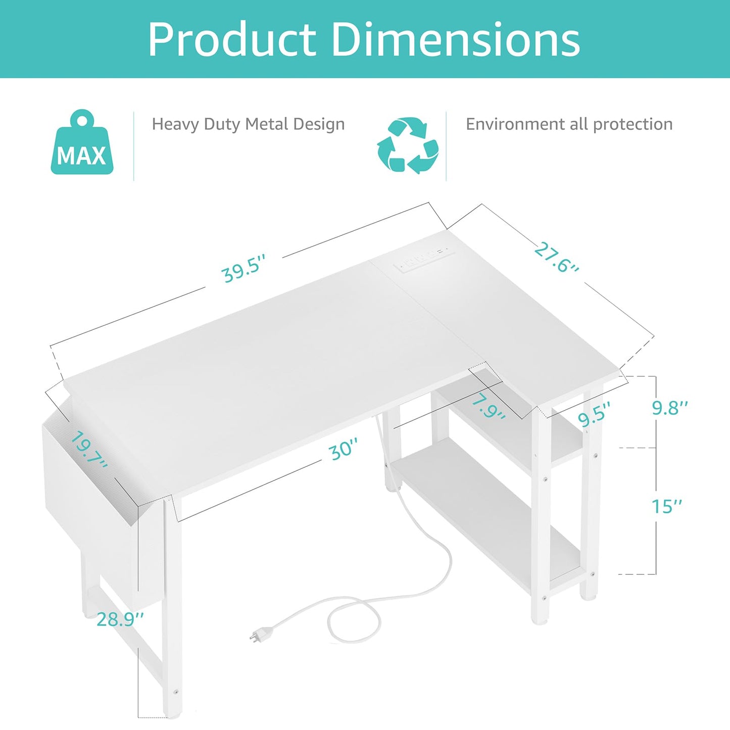 Lufeiya White L Shaped Computer Desk with Power Outlet Shelves, 40 Inch Small Reversible Corner Desk for Small Space Home Office, L-Shaped Desk PC Desks, White