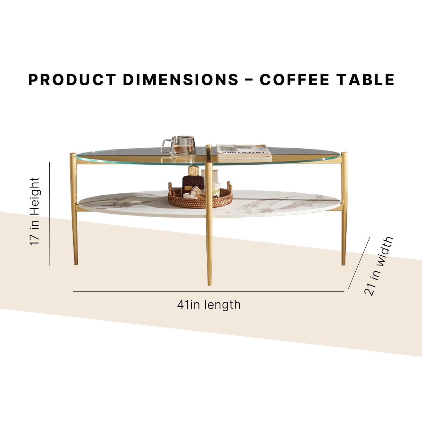 Shrine Oval Coffee Table, Mid-Century Modern Design, 2-Tier Structure, Clear Glass Top and White MDF Shelf, 47" D x 21" W x 17" H, Sleek Conical Metal Legs with Gold Finish