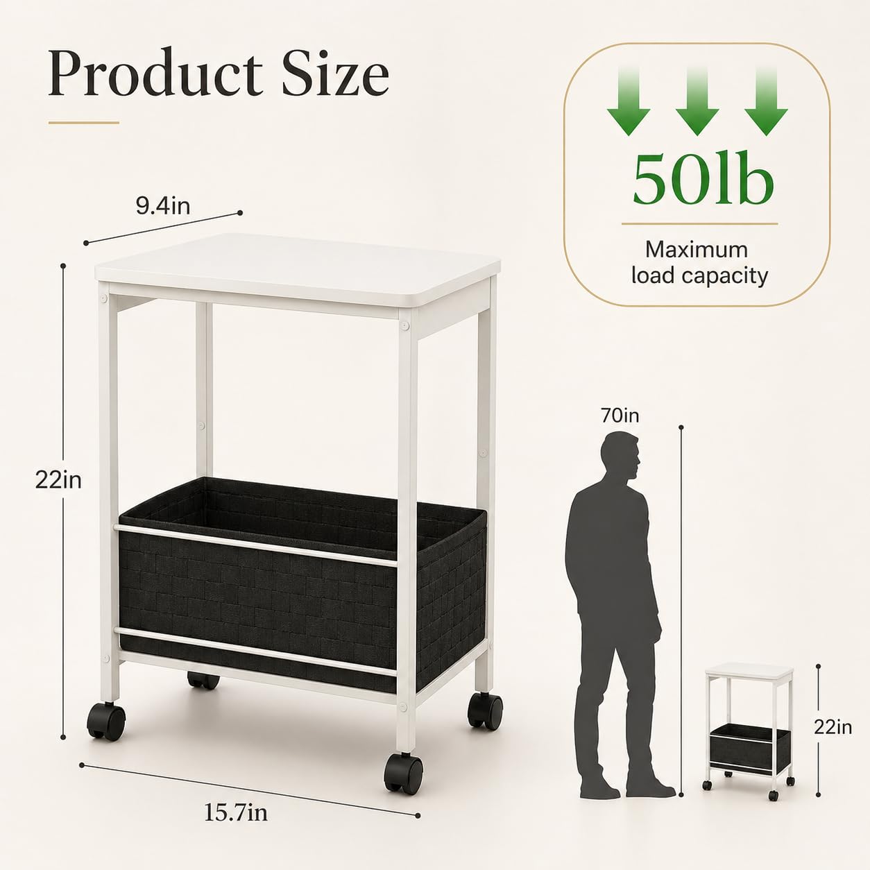 BAKLAM White Rolling Side Table with Storage Basket, Narrow End Table on Wheels for Small Spaces, 15.75" D x 9.84" W x 22.05" H Sofa Side Table with Fabric Bin for Living Room and Bedroom