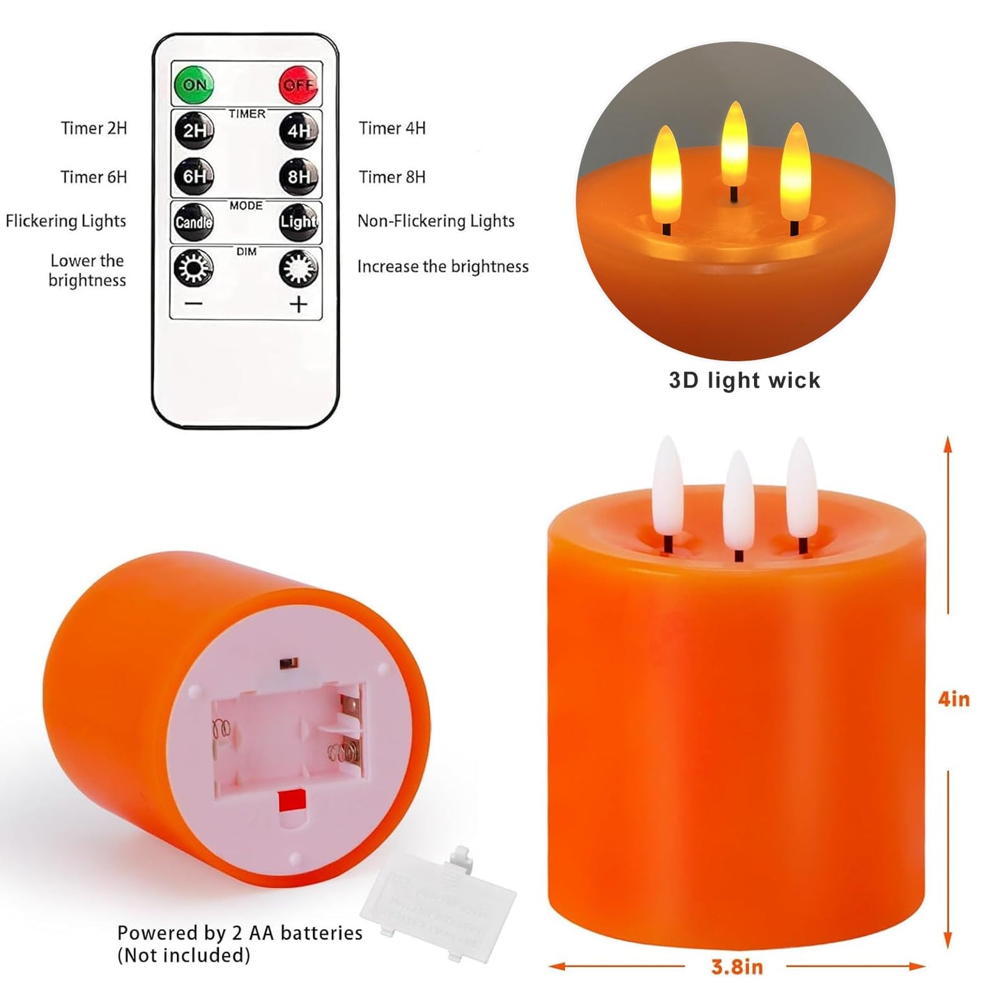 Large 3 Wick Flameless Candles Set of 2, 4"x4" Flickering LED Candles with Remote & Timer, Dimmable Real Wax Pillar Candles Battery Operated, Orange Candles for Fall Thanksgiving Halloween Decor