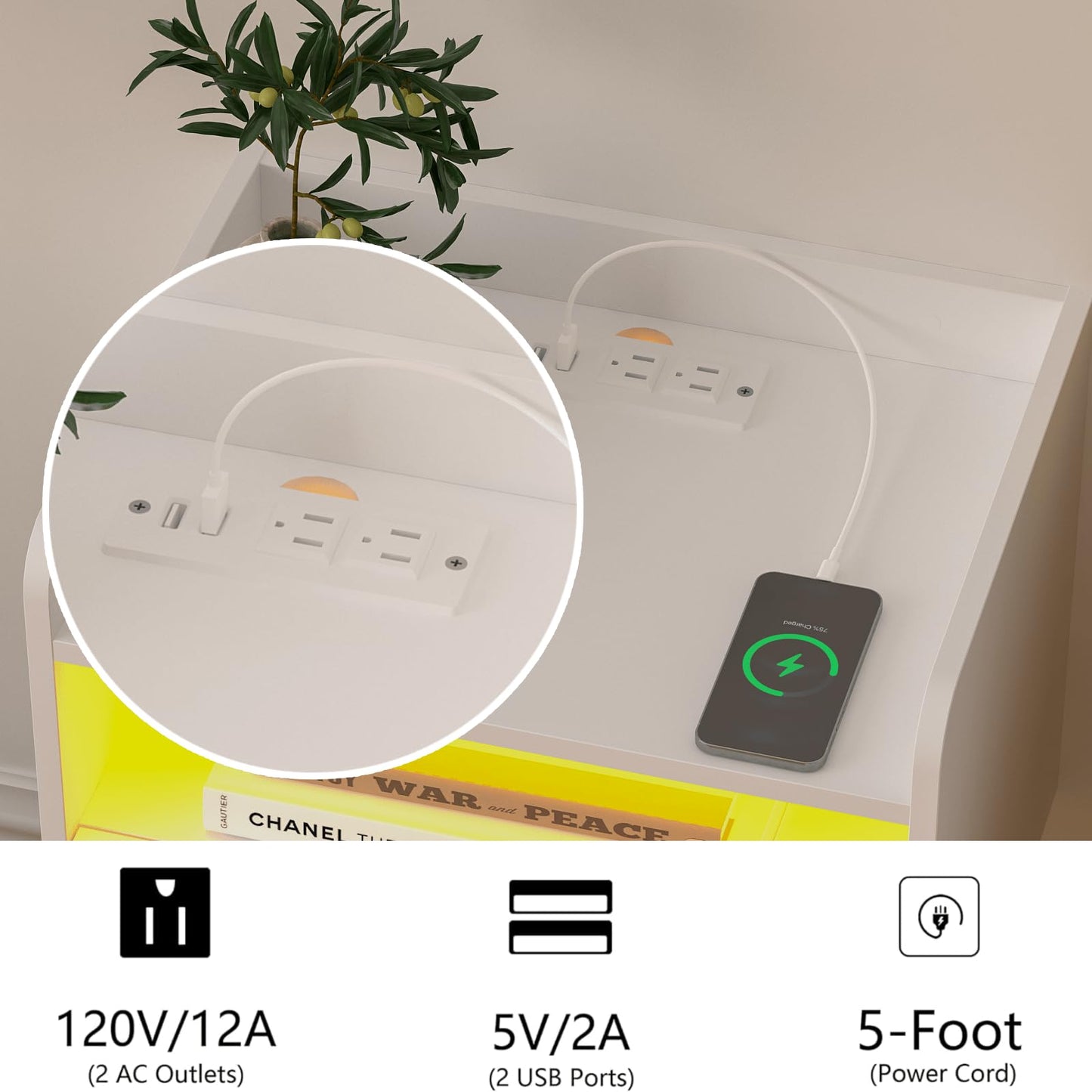 Veegle White Floating Nightstand with Charging Station and LED Lights (White)