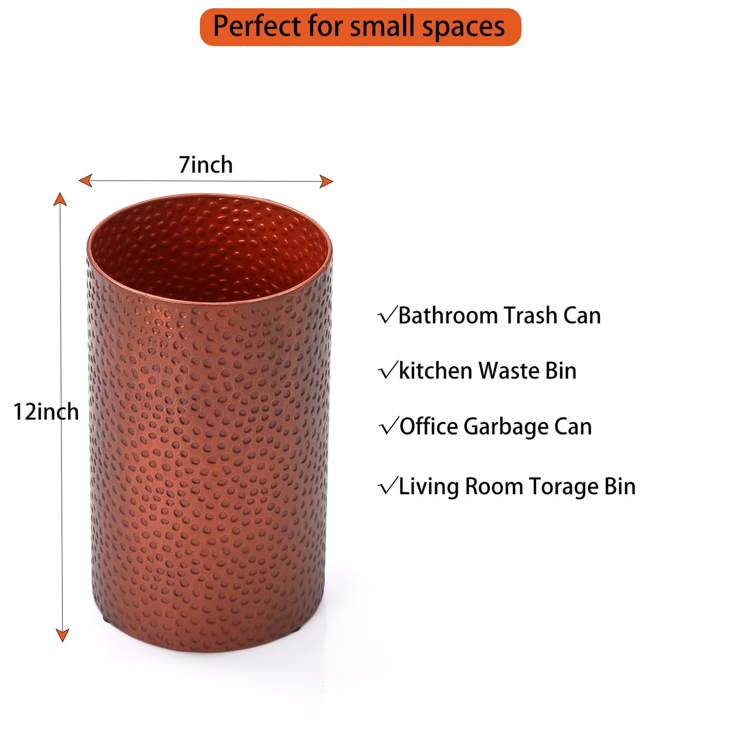 Wenbery Hand-Hammered Antique Copper Metal Trash Can, Small Decorative Wastebasket for Bathroom, Bedroom, Office, Kitchen & Dorm - Durable Round Garbage Bin, 7" W X 7" L X 12" H