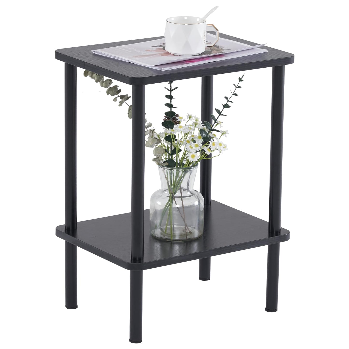 Apicizon 2 Tier End Table, Small Side Table with Solid Wood Legs, Boho Bedside Table with Storage Shelf, Nightstand for Small Spaces, Bedroom, Living Room, Entryway, Farmhouse, Easy Assembly, Black