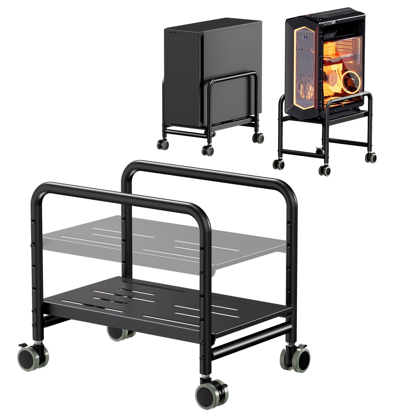 PUTORSEN Computer Tower Stand Under Desk - Height Adjustable PC Stand for Most Mid-Tower, Rolling CPU Holder with 360° Locking Wheels, Max Load 66 lbs, Black